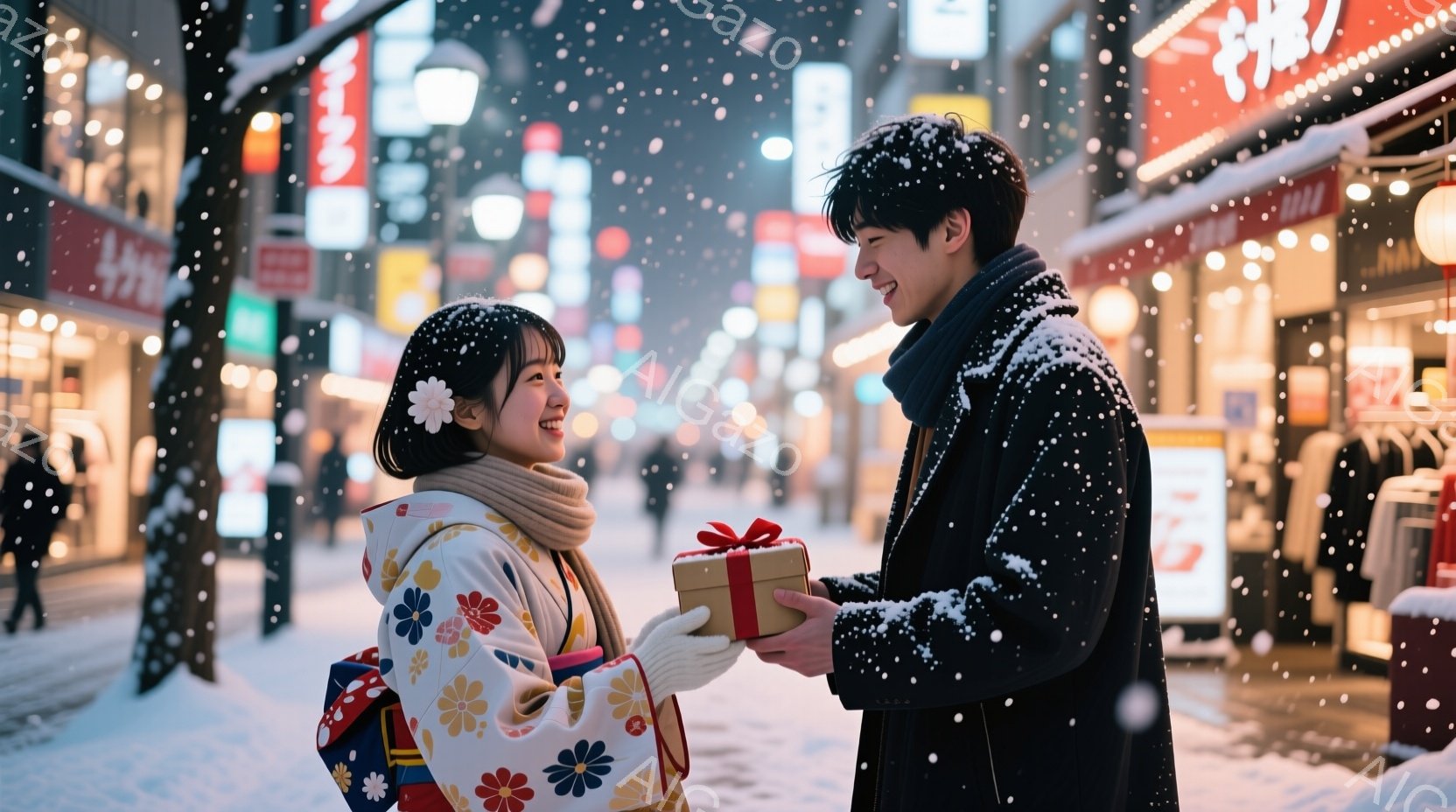 雪が降る夜の賑やかな街並みで、着物を着た女性とコートを着た男性がプレゼント交換をしている様子が描かれている。女性は白い着物にピンクと黄色の花柄が描かれており、髪には白い花飾りをつけて笑顔を見せている。男性は黒いコートにマフラーを巻き、女性に箱入りのプレゼントを手渡しながら微笑んでいる。