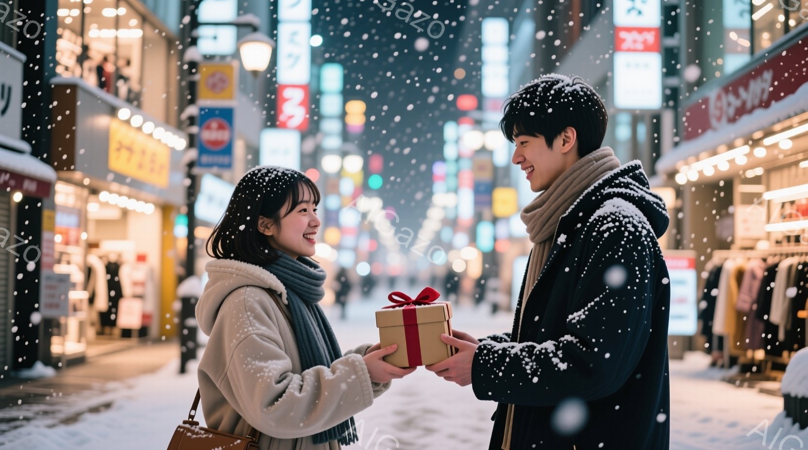 雪が降る街中で、若い女性が男性から赤いリボンで結ばれたギフトを受け取っています。女性は明るいベージュのコートとストレートのショートヘアで、笑顔でプレゼントを見つめています。男性はダークカラーのコートを着ており、少し微笑みながらギフトを差し出しています。背景には、光り輝く商店街と、ぼやけた人々の姿が見え、暖かくロマンチックな雰囲気を醸し出しています。