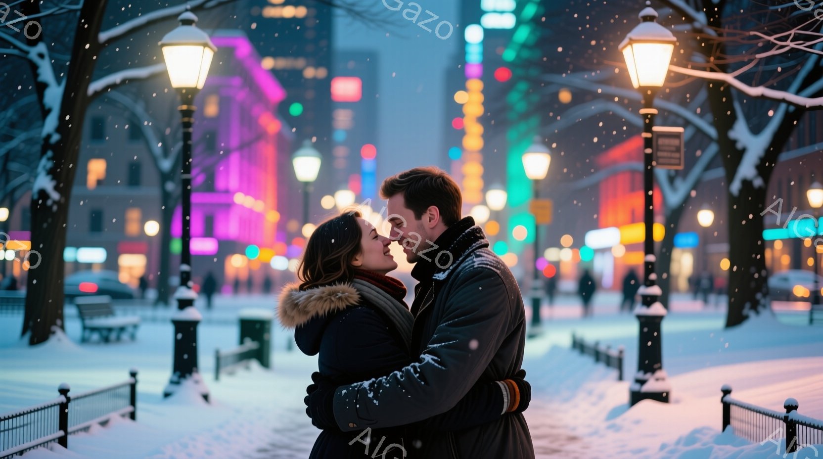 雪が舞う夜の公園で、若いカップルが抱き合って微笑み合っています。女性はダークブラウンの髪で、ファー付きのフード付きの濃い色のコートを着ています。背景には、明るく色とりどりの光を放つ高層ビル群が広がり、冬の夜のロマンチックな雰囲気を醸し出しています。