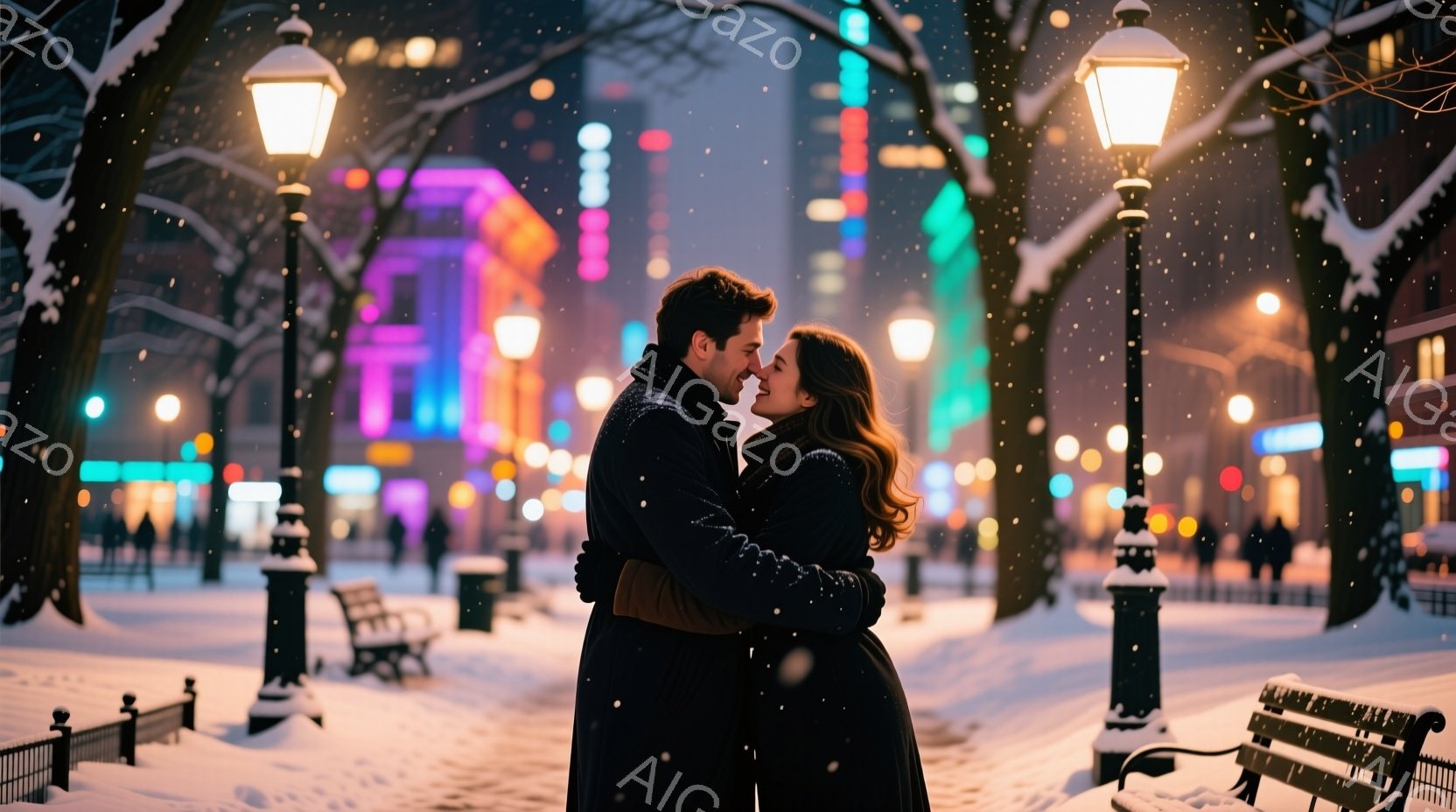 雪が舞う夜の街で、若い男女が寄り添い合っている。男性は黒いコートを着ており、女性は焦げ茶色のコートを着て、肩までかかるウェーブのかかった髪をしている。背景には、光り輝く建物と街灯があり、ロマンチックで - AI生成フリー素材