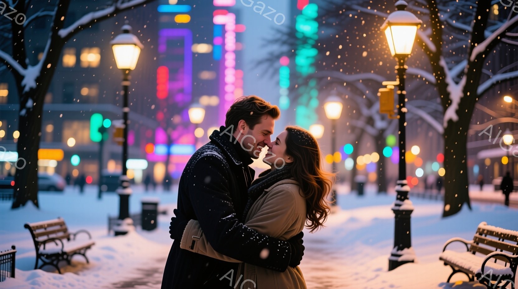 雪が舞う夜の公園で、若い男女が抱き合って微笑み合っている。男性は黒いコート、女性はベージュのコートを着ており、女性は髪を緩く巻いている。背景には、カラフルな光を放つ建物や街灯があり、雪景色の中で温かい - AI生成フリー素材