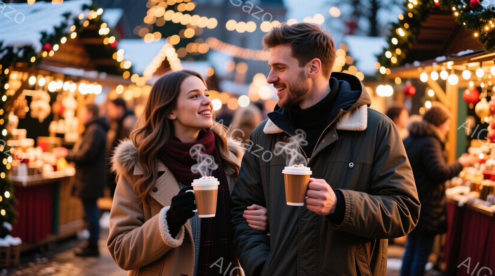 若い女性と男性がクリスマスマーケットで寄り添って歩いている。女性はファーの襟付きのベージュのコートにチェック柄のマフラーを巻き、笑顔で男性を見つめている。男性は黒いジャケットを着ており、温かい飲み物を持って女性の方を見て微笑んでいる。