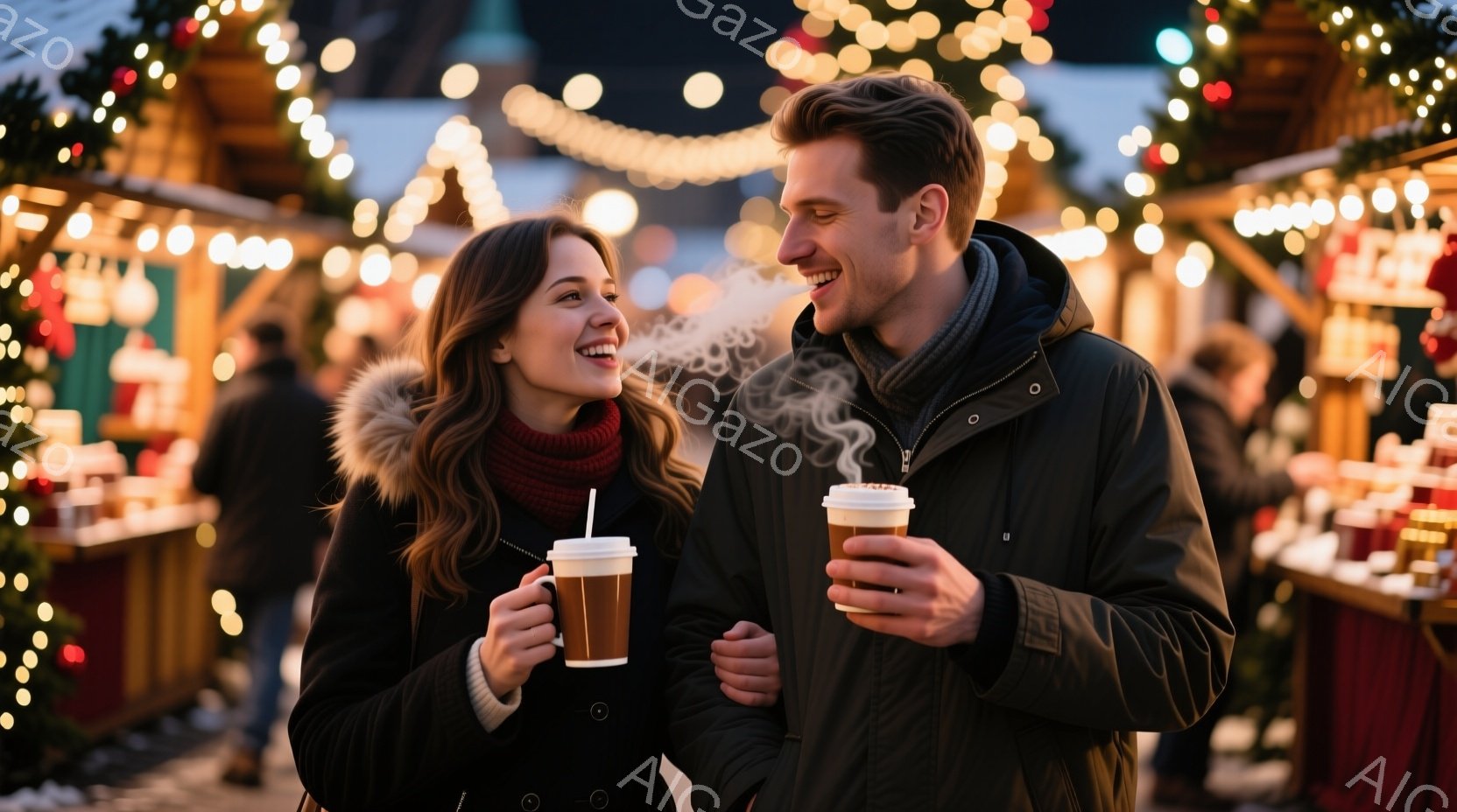 長い茶髪を無造作にまとめ、赤いマフラーを巻いた女性と、黒いジャケットを着た男性が並んで立っています。二人は温かい飲み物を手に持ち、湯気が立ち上る中で微笑み合い、楽しそうな表情をしています。背景にはクリスマスの装飾が施された屋台が並び、あたりは夜の賑わいと温かい光に包まれています。