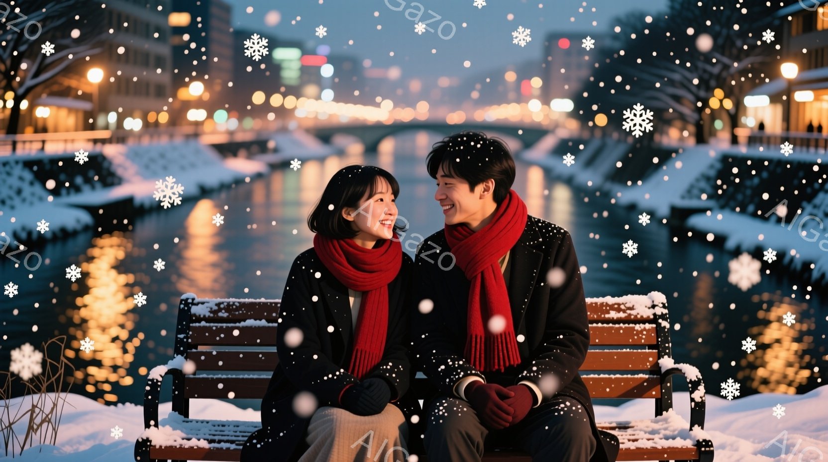 雪が降る夜、若い男女が公園のベンチに並んで座っている。女性は長い黒髪で、赤いマフラーと黒い手袋を着用し、微笑んでいる。男性は黒いコートを着ており、女性の方を見て穏やかに微笑んでいる。背景には雪で覆われ - AI生成フリー素材