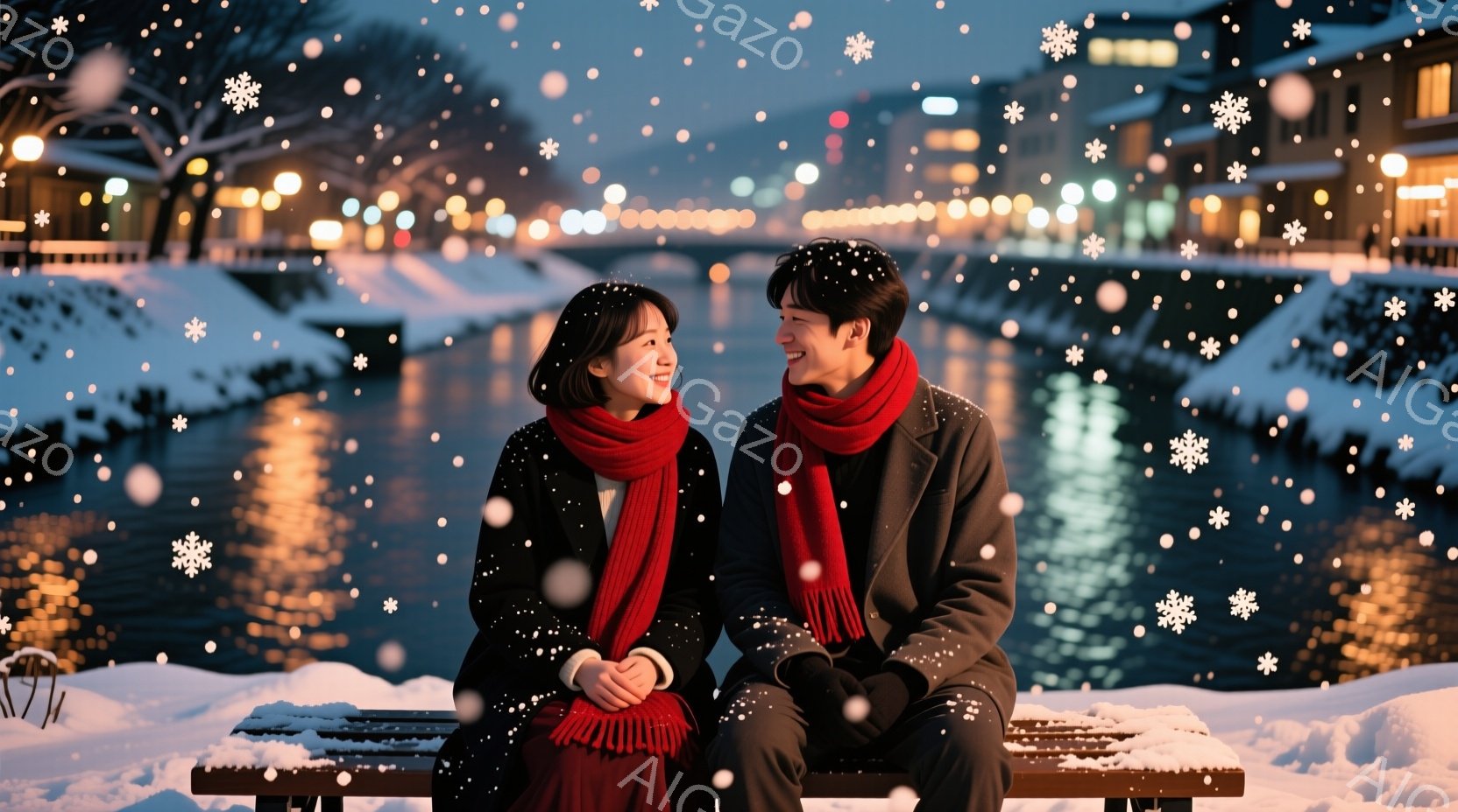 雪が降る冬の夜、ベンチに並んで座る若い男女が写っています。女性は黒いコートに赤いマフラーを巻き、男性は黒いコートと赤いマフラーを着ています。背景には、ライトアップされた建物と雪に覆われた風景が広がって - AI生成フリー素材