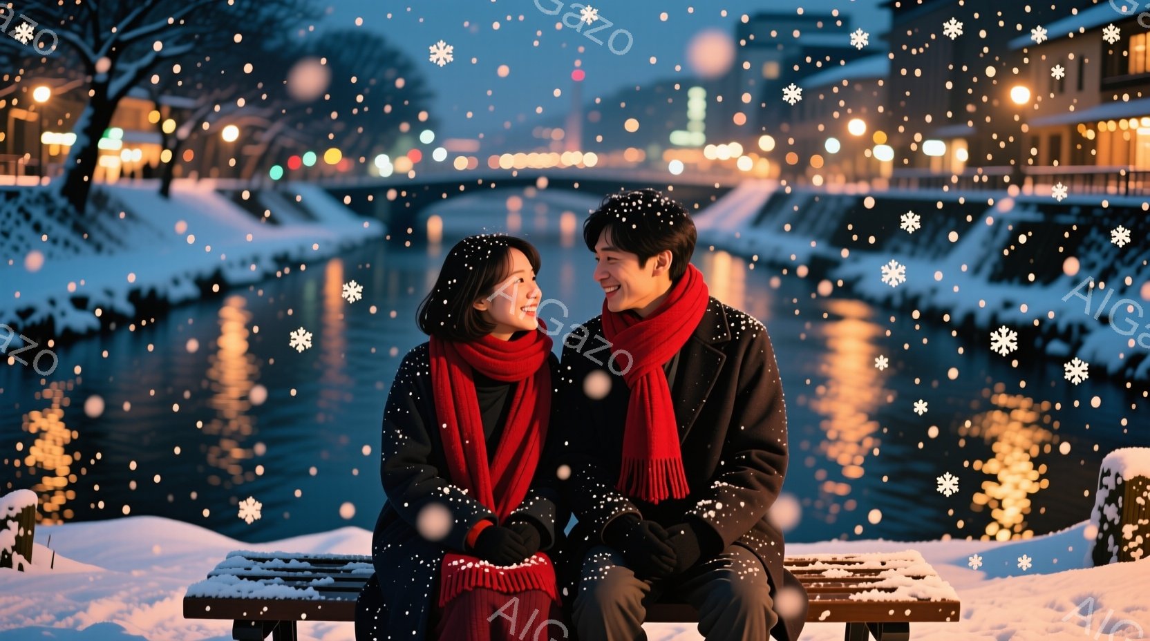 雪が舞う冬の夜、ベンチに寄り添って座る若い男女が描かれています。女性は長い黒髪で、赤いマフラーを巻いて微笑んでいます。男性も黒いコートを着て、女性を見つめながら優しく微笑み、背景には雪に覆われた建物と - AI生成フリー素材