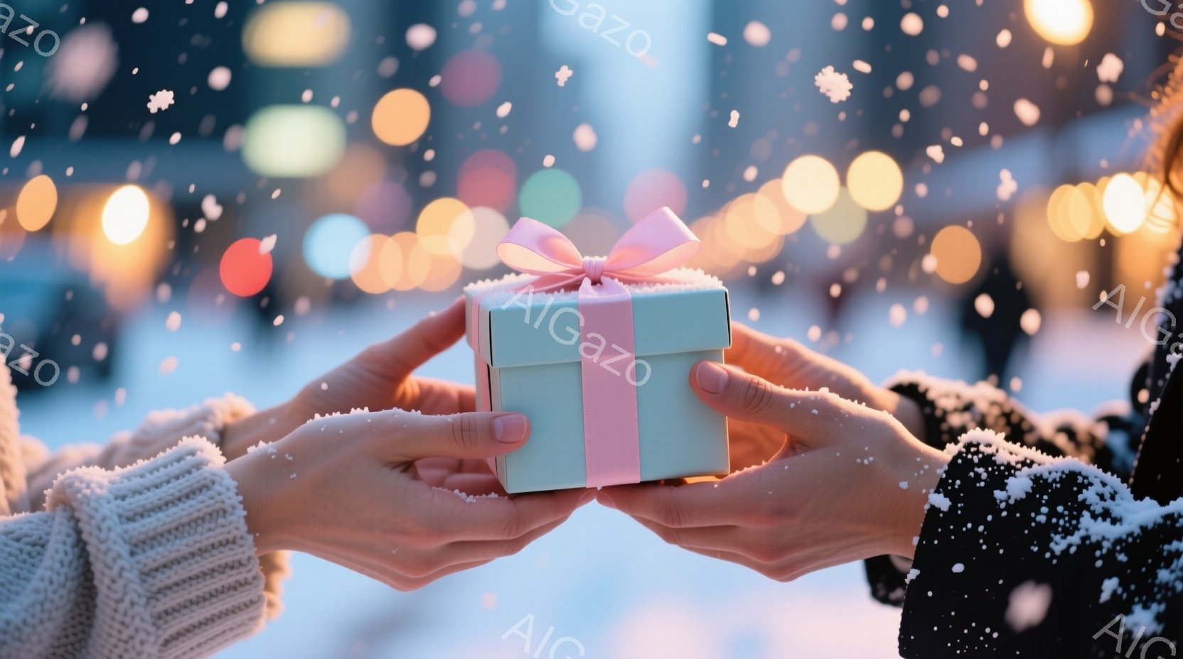 凍えるような寒さの中、二人の手が小さな水色のギフトボックスを差し交わしている。ニットの袖が温かさを感じさせ、箱には淡いピンクのリボンが結ばれている。背景はぼやけた街灯と雪が舞う夜景で、ロマンチックで心 - AI生成フリー素材