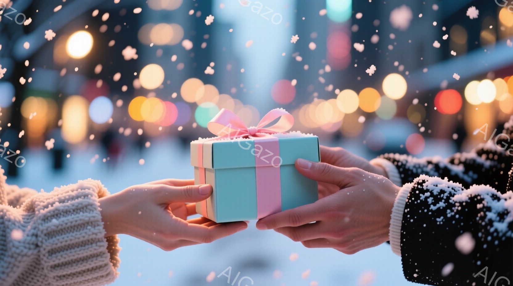 ふわふわしたセーターを着た人物と、黒いジャケットを着た人物が、ターコイズブルーのギフトボックスを両手で受け渡している様子が写っている。背景はぼやけた街並みで、多くの光が輝いており、雪が舞っていることから、冬の夜であるとわかる。ギフトボックスにはピンクのリボンがかかっており、温かく、ロマンチックな雰囲気を醸し出している。