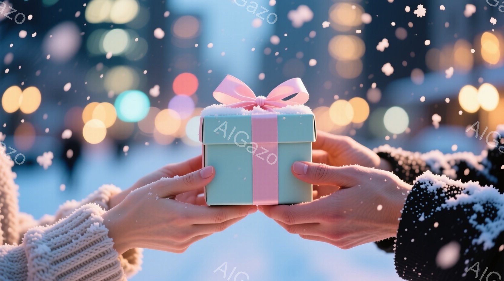 冬の夜を背景に、プレゼントボックスが両手でそっと支えられています。プレゼントは水色の箱に薄いピンクのリボンが巻かれており、雪が積もったように見えます。背景にはぼやけた街の明かりが輝き、雪が舞い散る幻想的な雰囲気を醸し出しています。