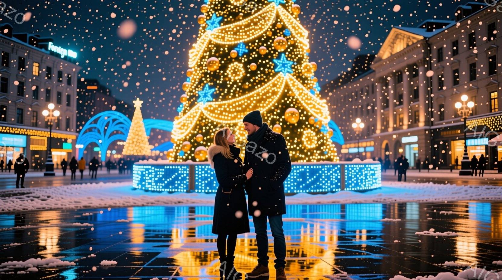 広場の中央で、若い男女が寄り添い、互いを見つめ合っています。女性は黒いコートとブーツを履き、長い髪を肩から下ろしています。背景には、カラフルなイルミネーションで飾られた巨大なクリスマスツリーが聳え立ち、雪が舞う夜の街並みが広がっています。