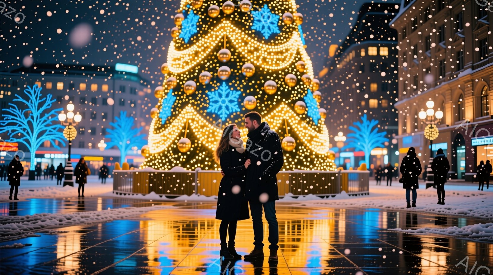 イルミネーションで飾られたクリスマスツリーの前で、若い男女が寄り添い、キスをしようとしている瞬間が捉えられています。男性は黒いコート、女性は黒いレギンスとジャケットを着ており、雪が舞う夜の賑やかな街並 - AI生成フリー素材