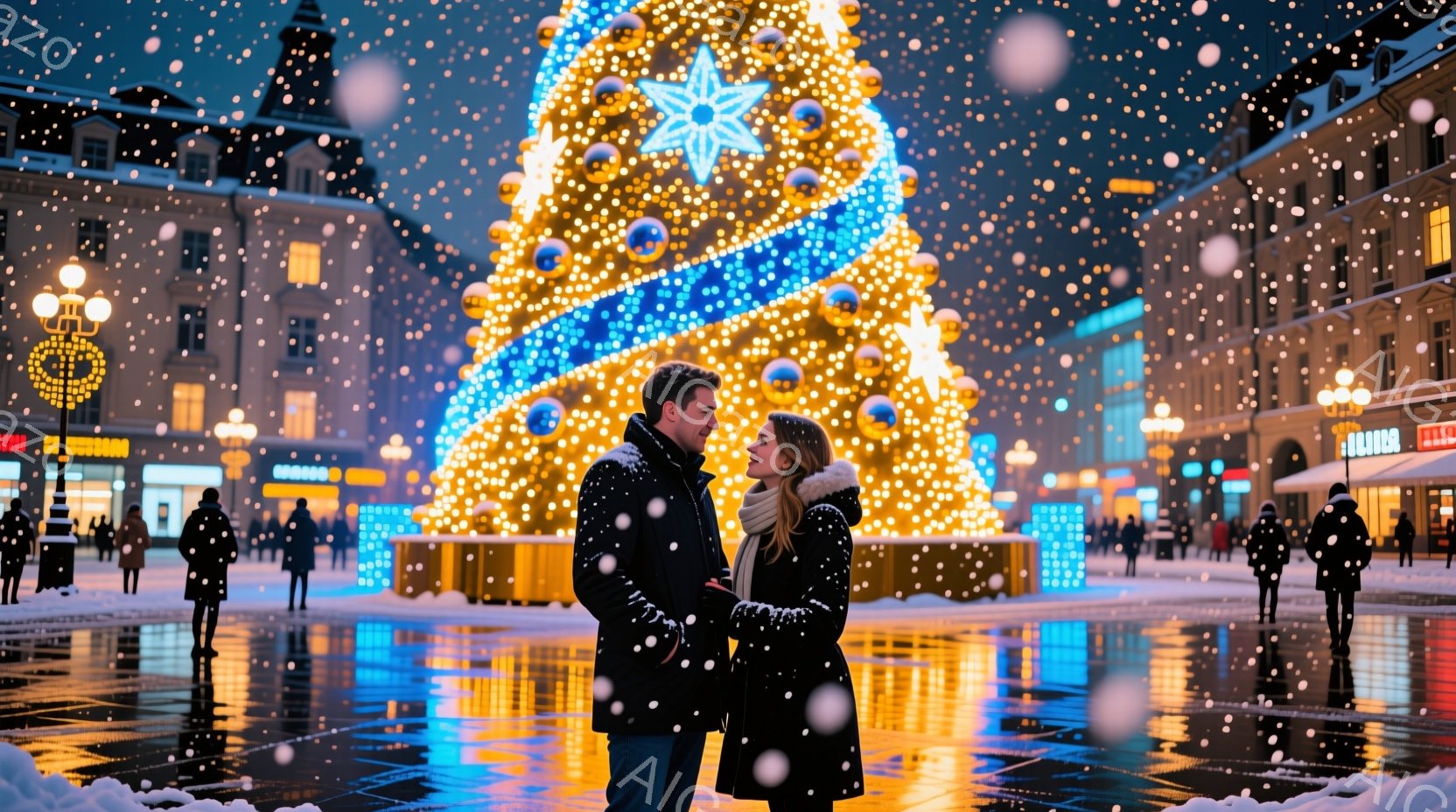 雪が降り積もる夜の街で、若い男女が寄り添って立っている。男性は黒いコートを着ており、女性は白いコートを着ている。背景には、色とりどりのイルミネーションで飾られた巨大なクリスマスツリーが聳え立ち、街の建 - AI生成フリー素材