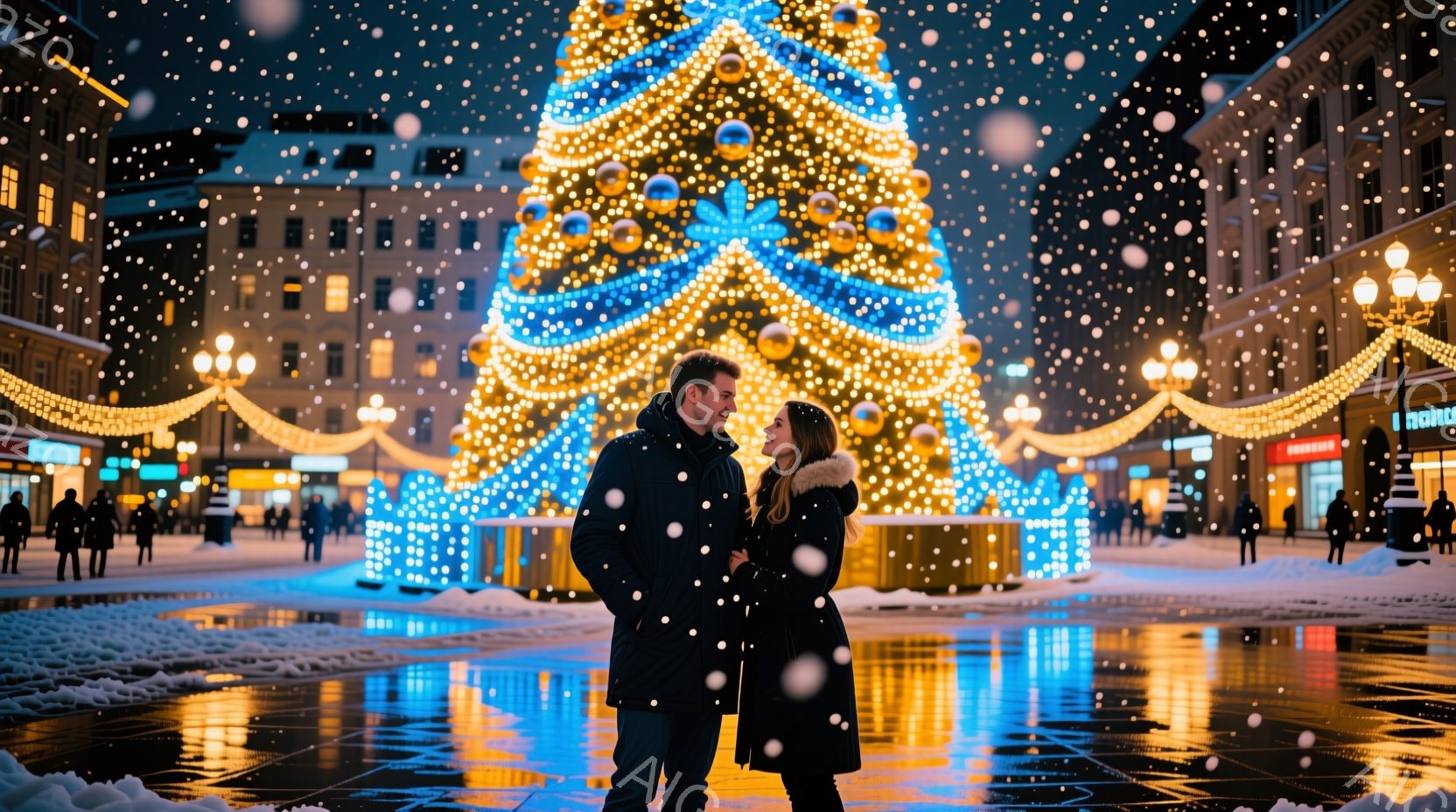 街の中心にある広場では、クリスマスの飾り付けが輝く大きなクリスマスツリーが聳え立っています。若い男女は互いに顔を見合わせ、微笑み合いながら寄り添っており、温かい雰囲気が漂います。背景には、ライトアップされた建物や雪が舞う夜景が広がり、ロマンチックで冬の祝祭の雰囲気を醸し出しています。