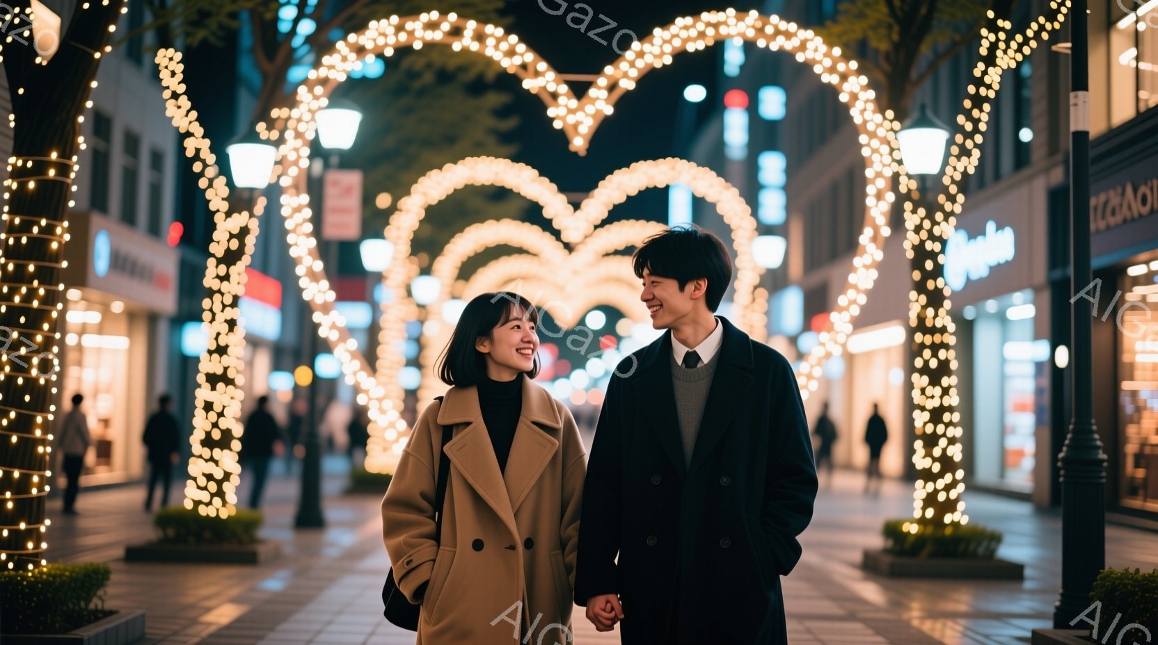 若い女性と男性が手をつないで歩いている写真です。女性はベージュのコートを着ており、ショートヘアで微笑んでいます。男性は黒いコートにセーターを着ており、女性の方を見て優しく微笑んでいます。背景には、ハー - AI生成フリー素材