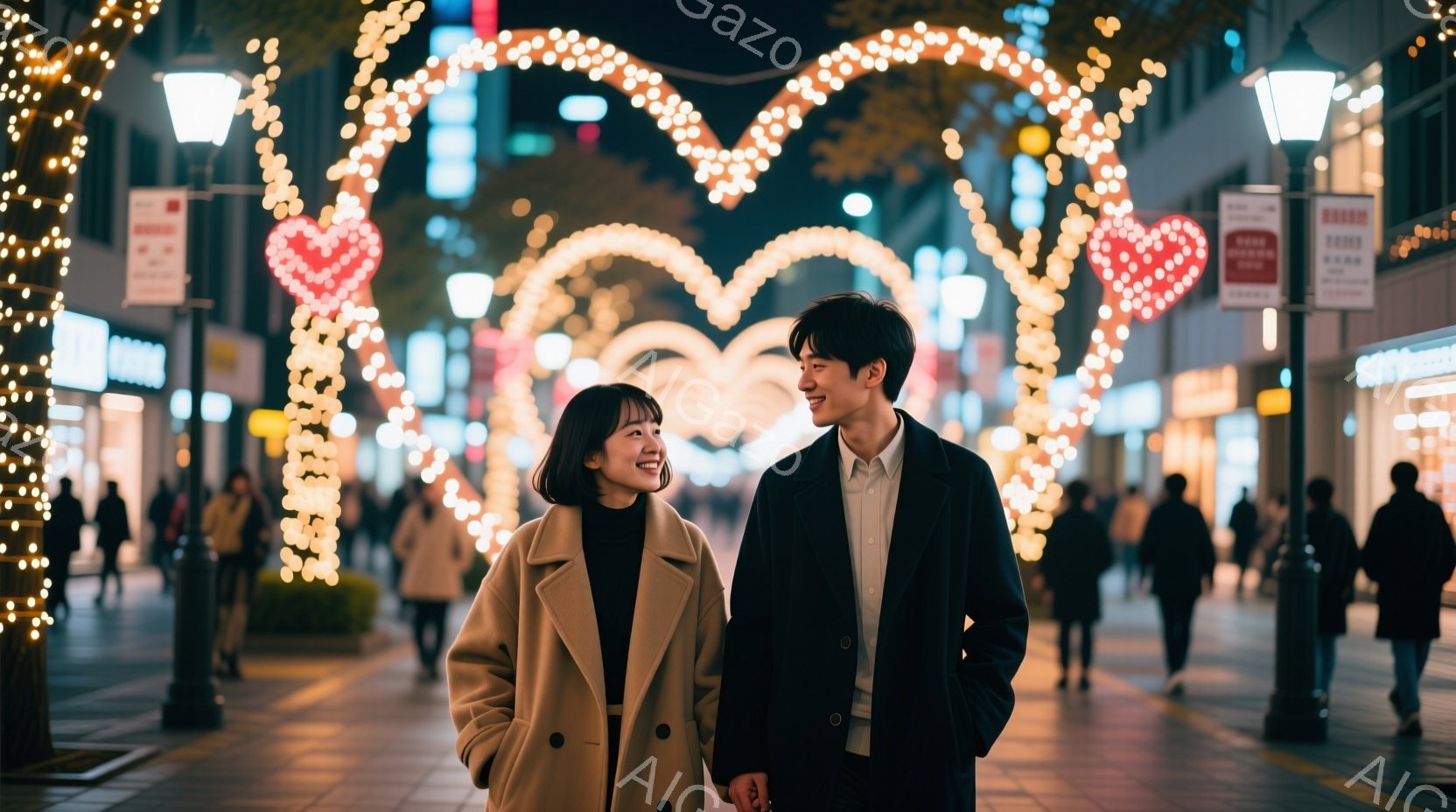 若い女性と男性が、イルミネーションで飾られた歩行者天国を歩いている。女性はベージュのコートを着て、髪は肩までの長さで、笑顔を見せている。男性は黒いコートの上に白いシャツを着ており、女性の方を見て微笑んでいる。背景には、様々な店舗や人々が見え、夜の賑やかさとロマンチックな雰囲気が漂っている。