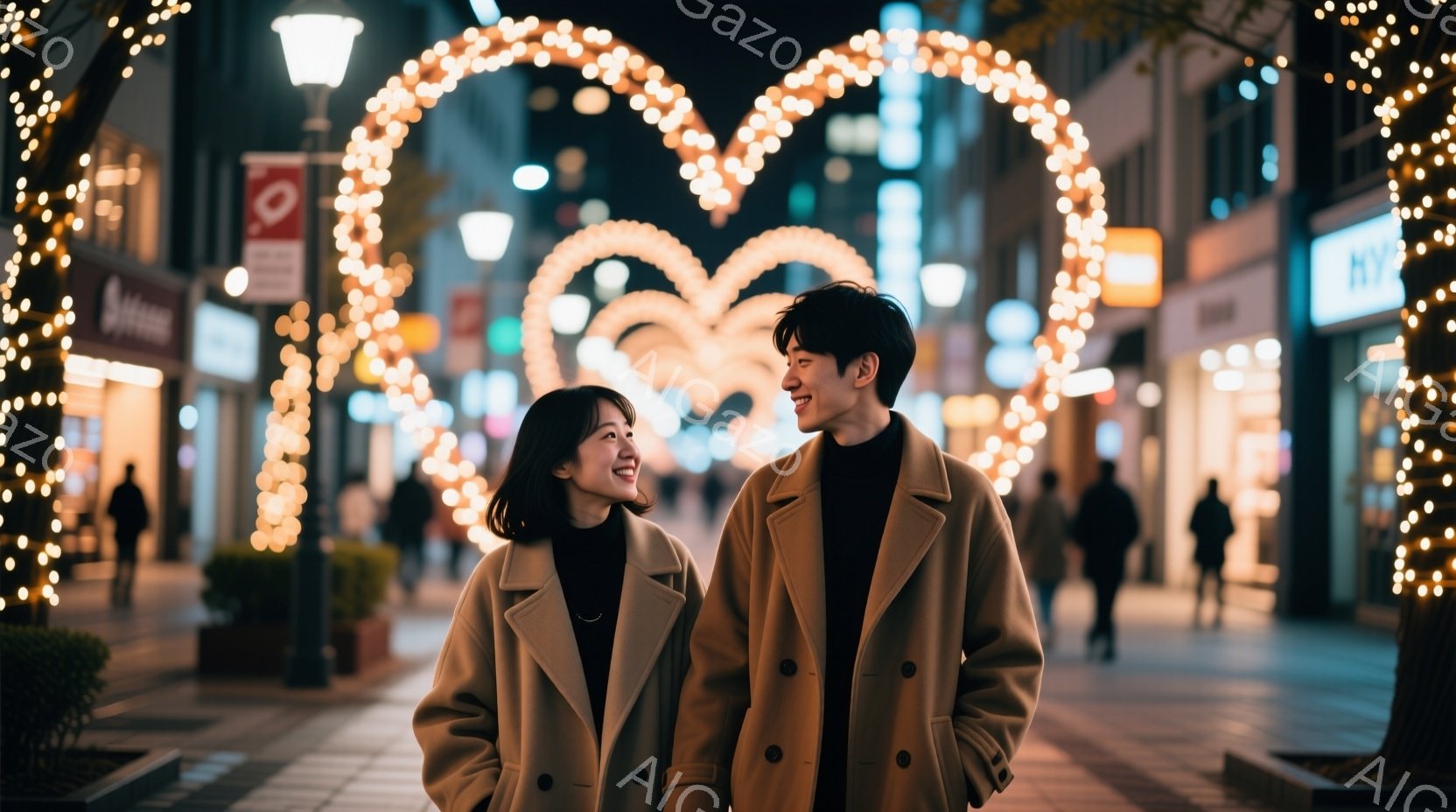 若い女性と男性が、イルミネーションで飾られた歩道を並んで歩いている。二人はベージュ色のオーバーコートを羽織り、互いに微笑み合い、幸せそうな表情をしている。背景には、点灯された装飾がアーチ状に並び、商店や建物がぼんやりと見え、冬の夜の温かくロマンチックな雰囲気を醸し出している。