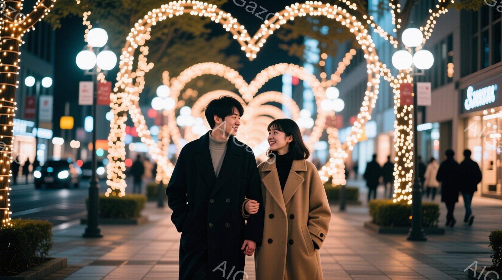 一対の男女がイルミネーションで飾られた歩道を歩いている。男性は黒いロングコートを着ており、女性はキャメルのロングコートを着ている。二人は笑顔で互いを見つめ合い、手をつないでおり、背景には光り輝く装飾とぼんやりとした建物が並んでいる。