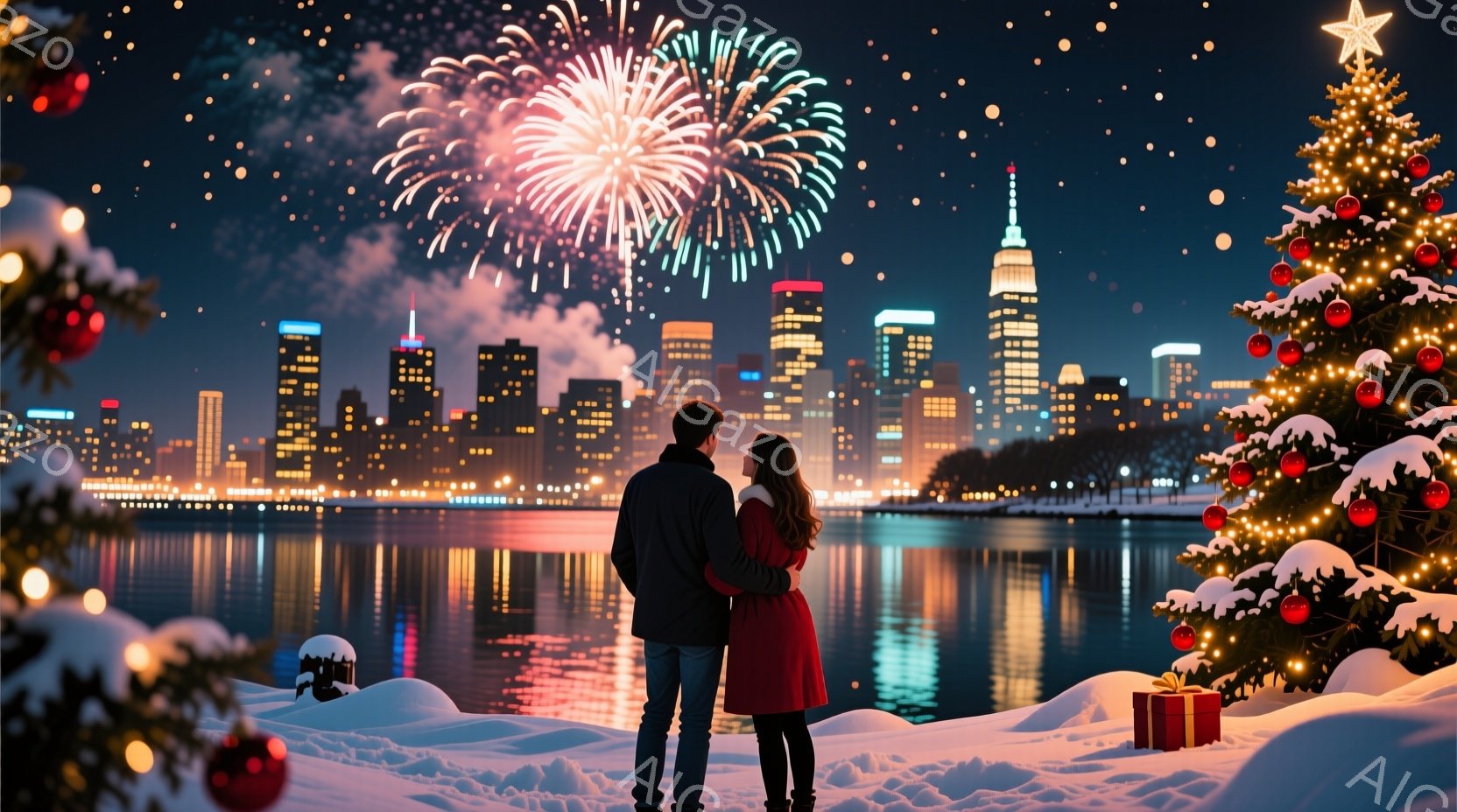 ニューヨークの夜景を背景に、背中合わせに立つ男女が描かれています。男性は濃い色のジャケット、女性は赤いコートを着ており、雪景色の中に佇んでいます。背景にはきらびやかな摩天楼と花火が広がり、暖かくロマン - AI生成フリー素材