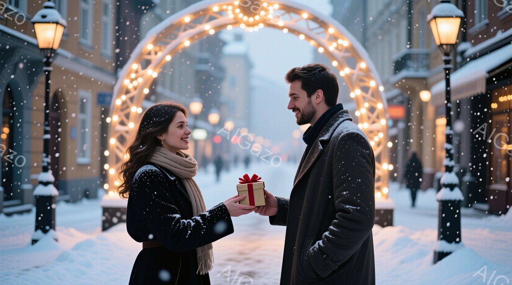 雪が降る街中で、若い女性と男性がプレゼントを交換しようとしている場面です。女性は黒いコートにベージュのスカーフを巻き、髪を肩まで伸ばしています。男性はダークカラーのコートを着ており、女性に向かって笑顔 - AI生成フリー素材