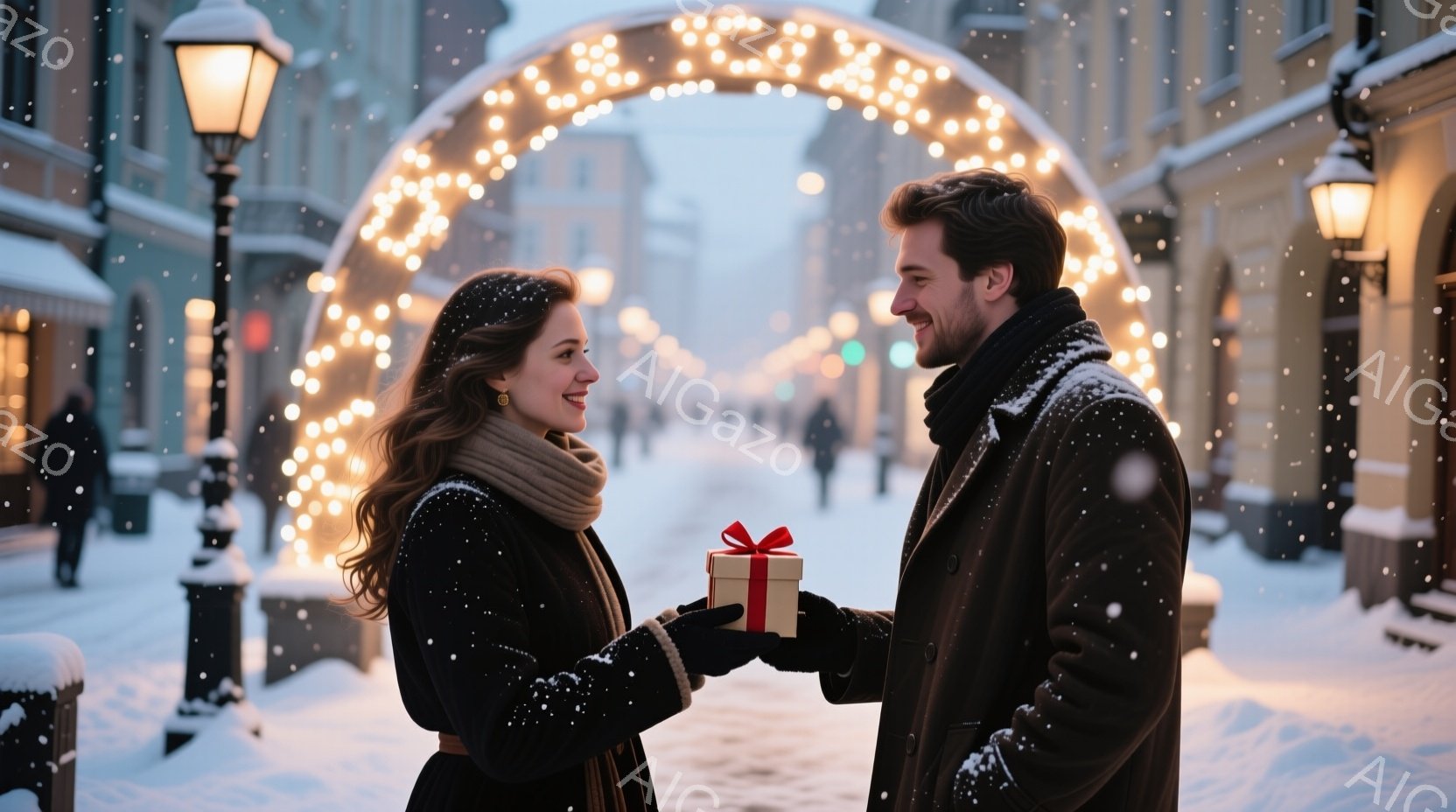 雪が舞う街並みで、若い女性と男性がプレゼント交換をしている様子が写っている。女性は茶色の巻き髪で、赤いスカーフを巻き、黒いコートを着ている。男性は黒いコートを着ており、女性に小さな赤いリボンが付いたギフトボックスを手渡している。