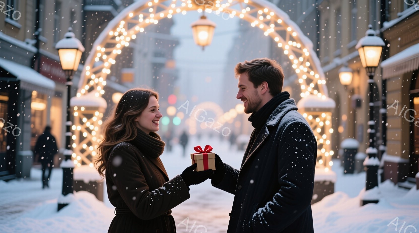 街路は雪に覆われ、暖かい光が灯るアーチの下で、一対の男女が微笑み合っています。女性は茶色のコートと巻き毛、男性は黒いコートを着ており、男性が女性に赤いリボンで結ばれた小さなプレゼントを渡しています。背 - AI生成フリー素材