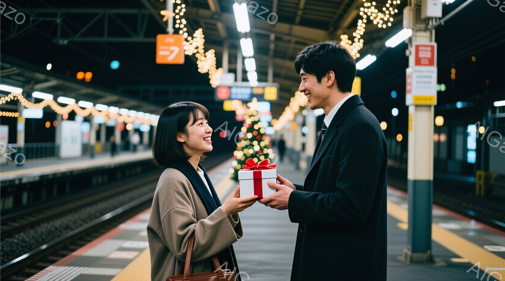 クリスマスツリーやイルミネーションで飾られた駅のホームで、女性はベージュ色のコートを着て、短い黒髪で微笑んでいます。彼女は男性から赤いリボンで飾られたギフトボックスを受け取ろうとしており、両者の視線は - AI生成フリー素材