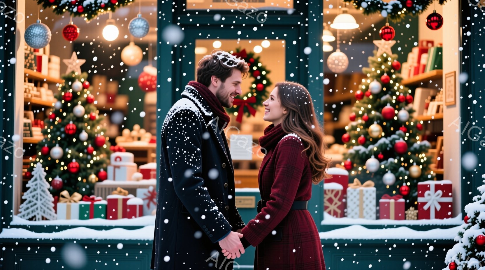 暖炉のような温かい光が差し込むクリスマス時期の街並みで、若い男女が向かい合って微笑み、手をつないでいる。男性は黒いコートに赤いマフラーを巻き、女性は赤いチェックのコートを着ている。背景には、カラフルな - AI生成フリー素材