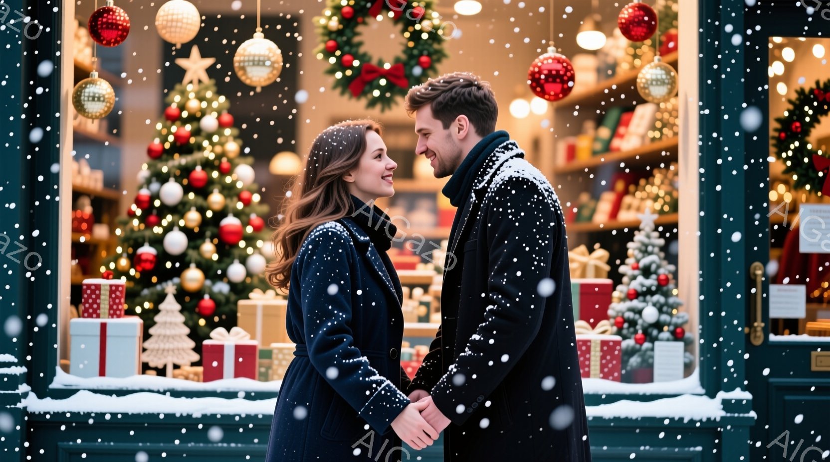 雪が降るクリスマスの背景で、若い男女が寄り添って微笑み合っています。女性はロングコートに長い髪を下ろし、男性はダークスーツを着ており、互いに手を繋いでいます。背景には、クリスマスツリーやプレゼントの箱 - AI生成フリー素材