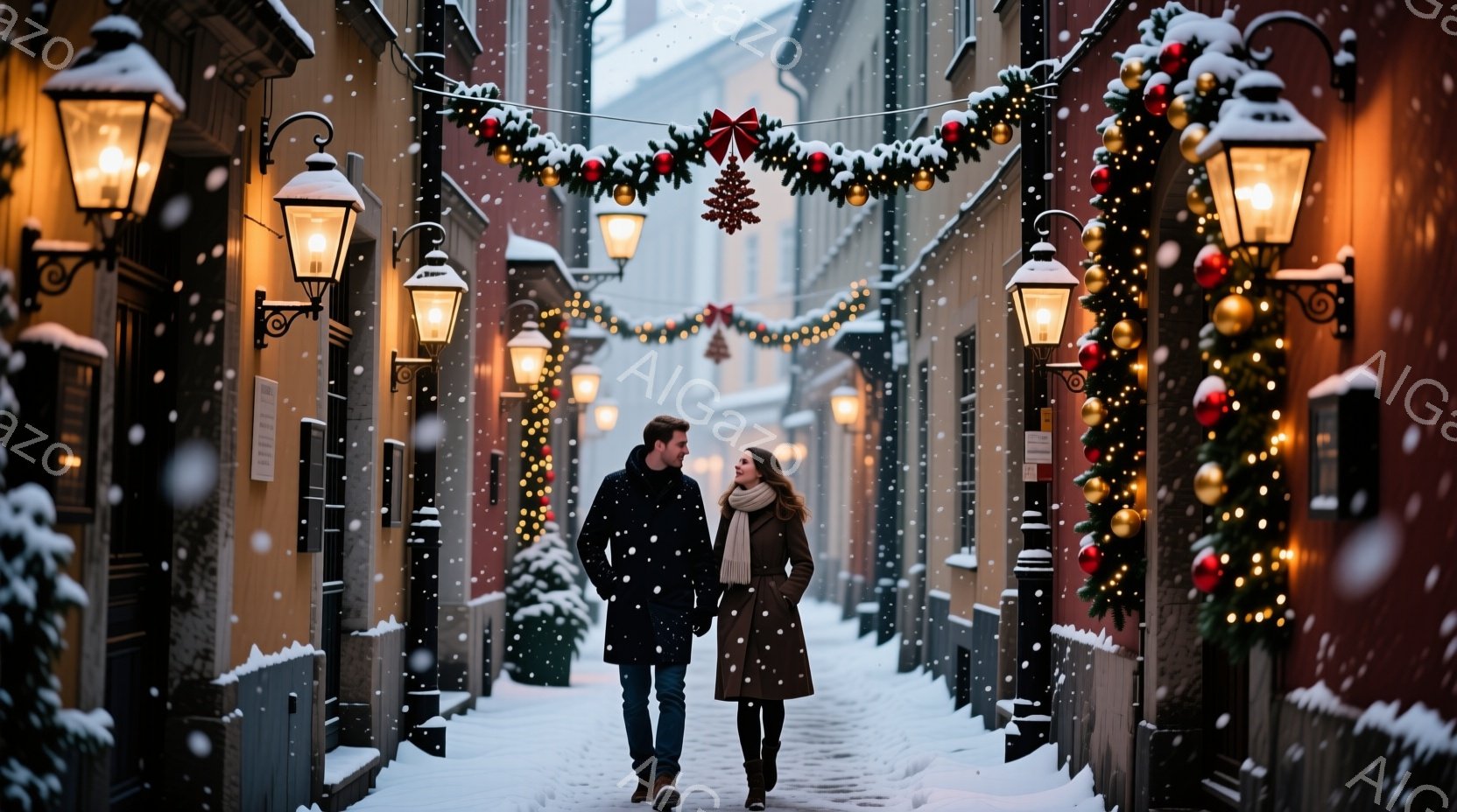雪が舞う石畳の道を行く男女が描かれている。男性は黒いコート、女性はベージュのコートとストールを身につけ、楽しそうに寄り添いながら歩いている。背景には、クリスマス装飾が施された建物が立ち並び、暖かくロマ - AI生成フリー素材