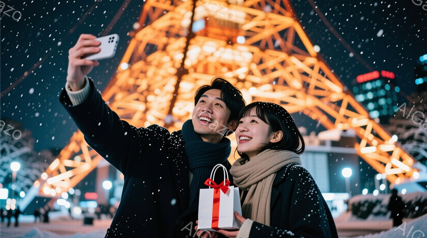 雪が舞う夜、若い男女が東京タワーを背景に自撮りしている。男性は黒いコートにネイビーのマフラーを巻き、女性はベージュのコートに明るい色のマフラーを巻いており、それぞれ笑顔を見せている。女性は赤いリボンが付いた白いギフトボックスを持っており、冬の夜のロマンチックで温かい雰囲気を醸し出している。