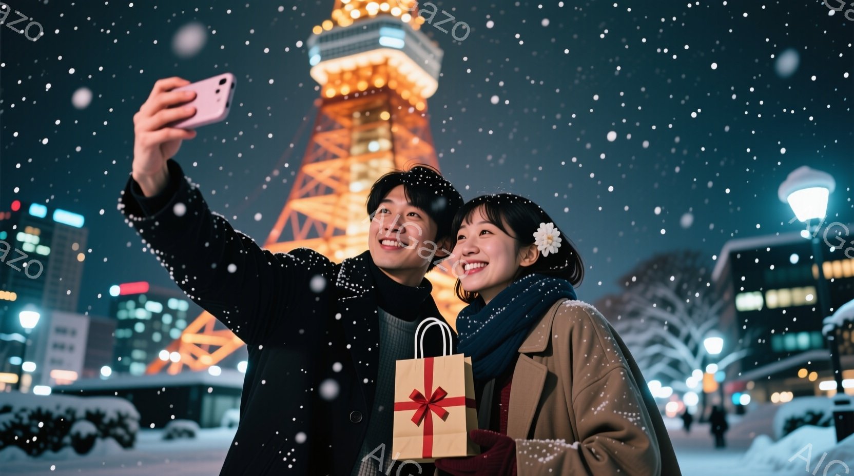 青年と女性が雪が降る夜に、塔を背景にセルフィーを撮っています。青年は黒いコートを着ており、女性はベージュのコートとスカーフを巻いています。彼女は赤いリボンが付いたギフトバッグを持っており、二人は笑顔で幸せな雰囲気を醸し出しています。