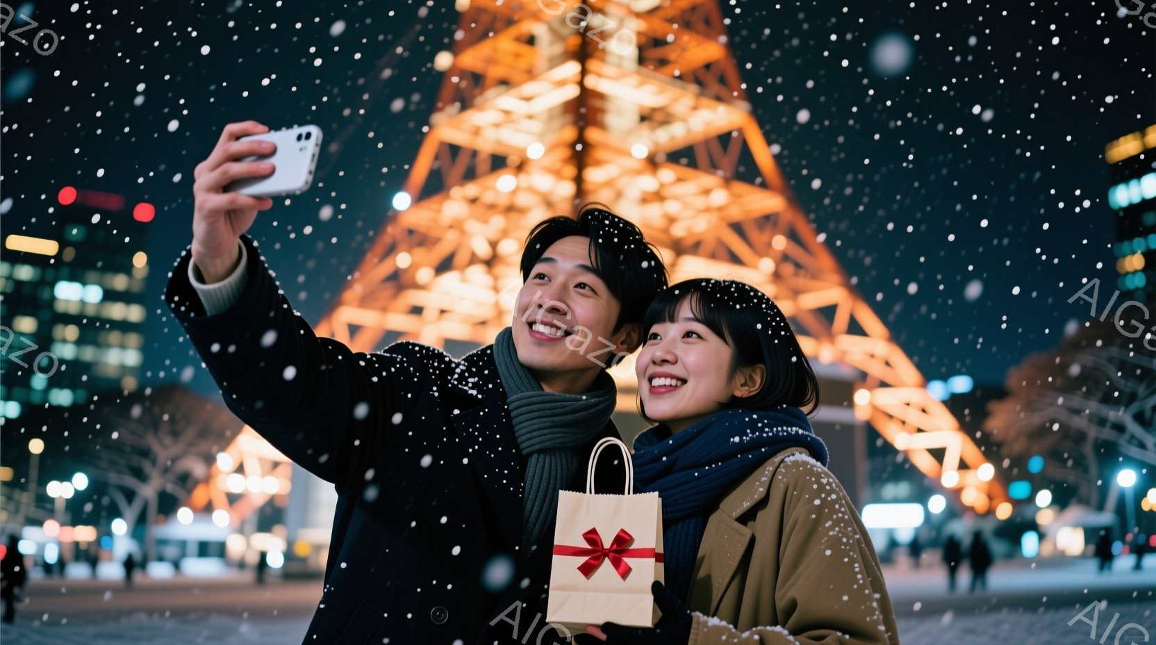 青年と女性が雪が降る夜に東京タワーを背景にセルフィーを撮っています。二人は冬の装いで、青年は黒いコートにマフラーを巻き、女性は白いコートに青いマフラーを巻いています。東京タワーは温かい光で照らされてお - AI生成フリー素材