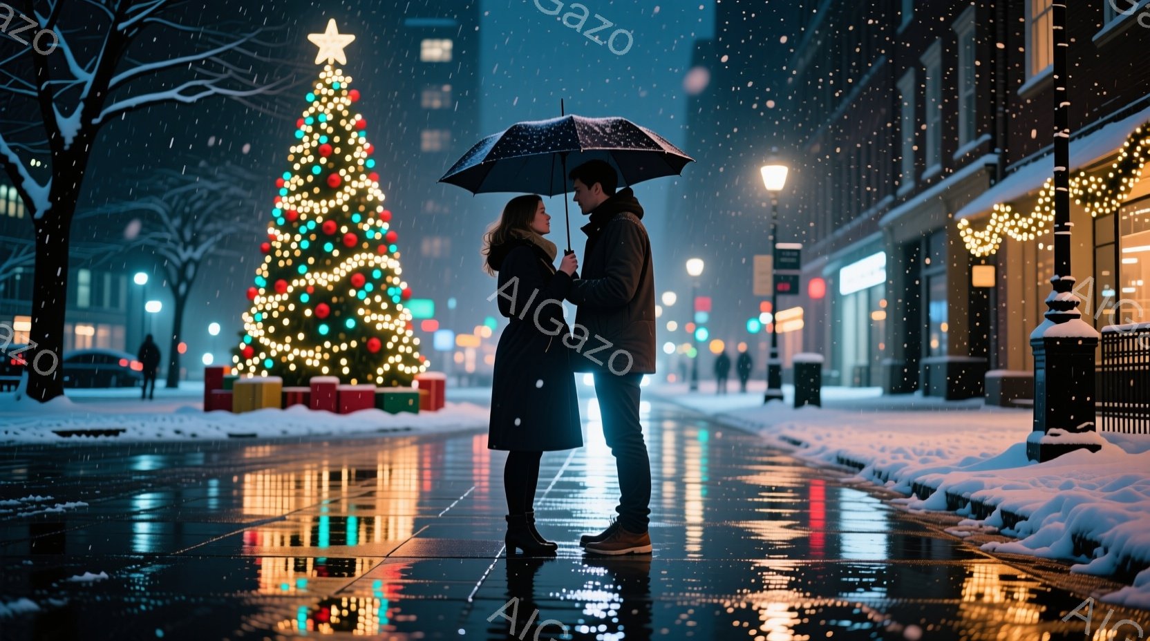 雪が降る夜、クリスマスの飾り付けがされた街中で、一対のカップルが寄り添っている。女性はロングコートを着用し、髪は肩まで届く長さで、男性はダークカラーのジャケットを着て、傘をさしている。背景には、明るく - AI生成フリー素材