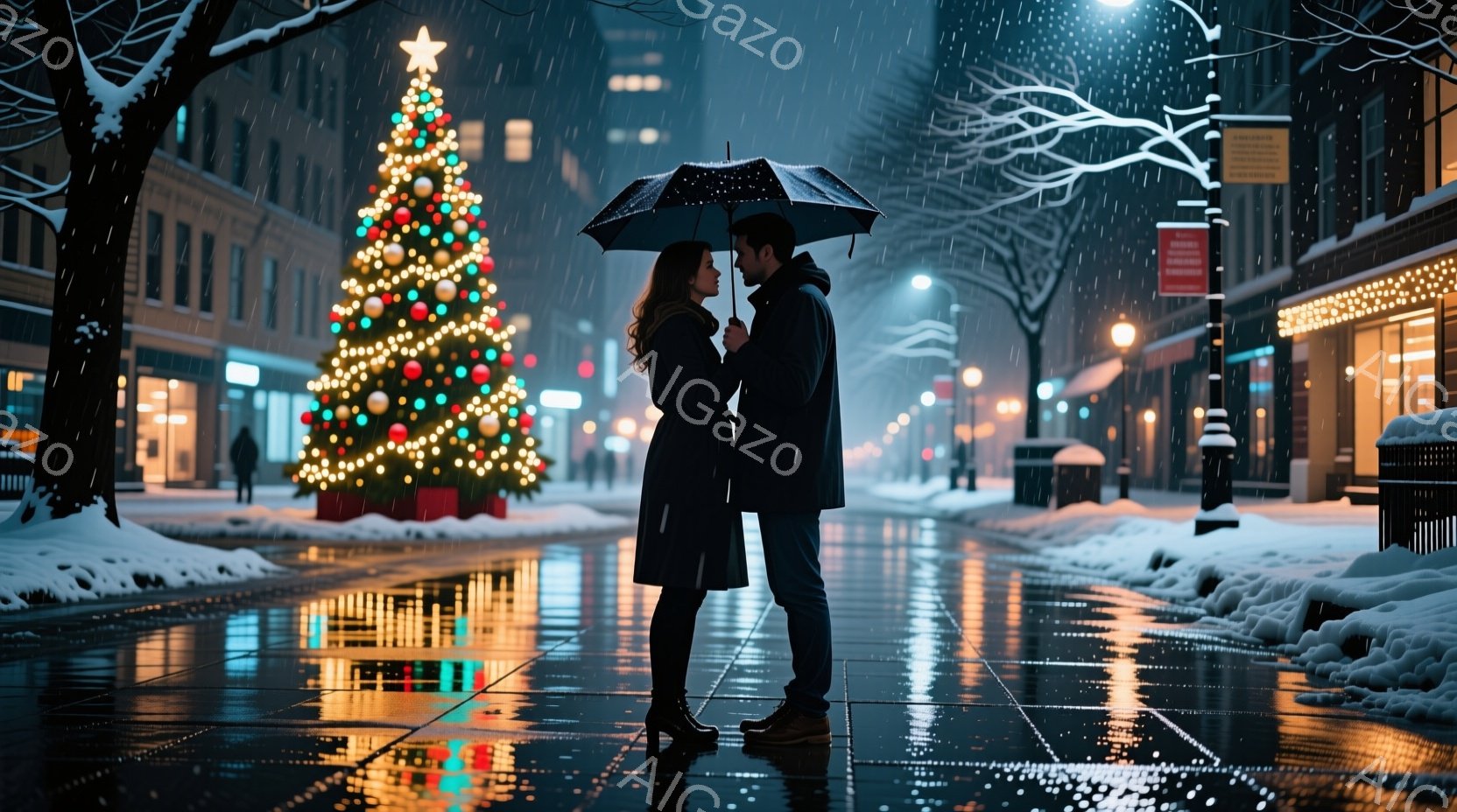 雪が降る夜、街路樹とイルミネーションで飾られた通りで、一対の男女が傘の下で寄り添い、見つめ合っている。女性は黒いコートとブーツを履き、長い髪を肩にかかっている。背景には、光り輝くクリスマスツリーと、遠 - AI生成フリー素材