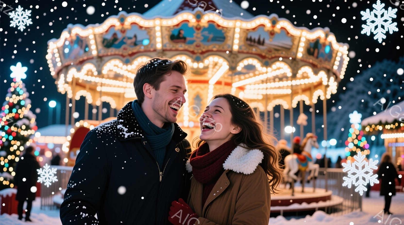 雪が舞う夜の遊園地で、若い男女が寄り添って笑顔を浮かべている。男性は黒いコートに濃い青色のマフラー、女性はベージュのジャケットに赤いマフラーと手袋を着用し、それぞれが幸せそうな表情を見せている。背景にはきらびやかなメリーゴーラウンドやイルミネーションで飾られた木々が見え、冬の暖かくロマンチックな雰囲気を醸し出している。