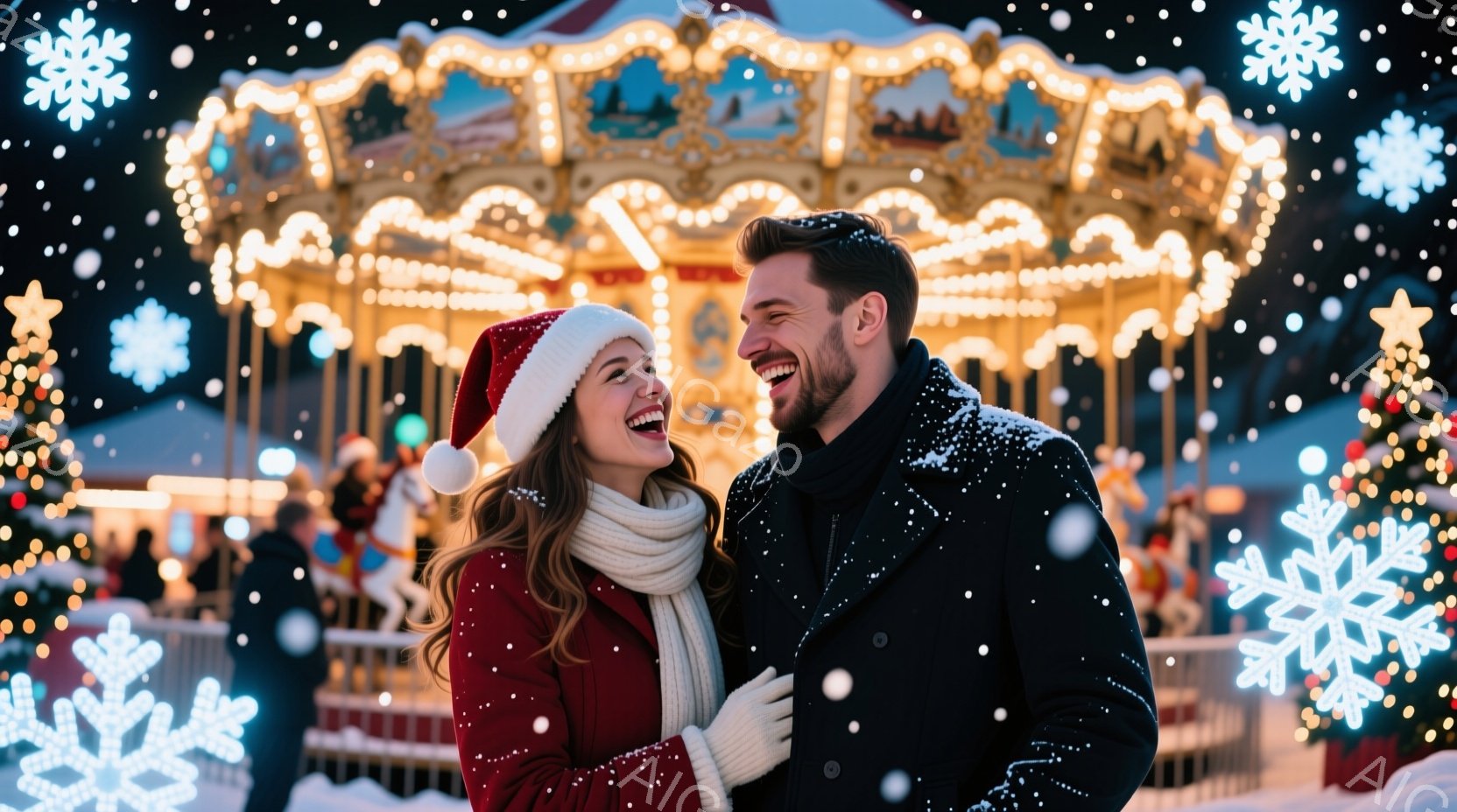 笑顔の男女がメリーゴーランドの前で寄り添っている。女性は赤い帽子とセーター、白いマフラーと手袋を身につけ、ロングヘアを肩から垂らしている。背景には、光り輝くメリーゴーランドと、ぼやけたクリスマスマーケ - AI生成フリー素材