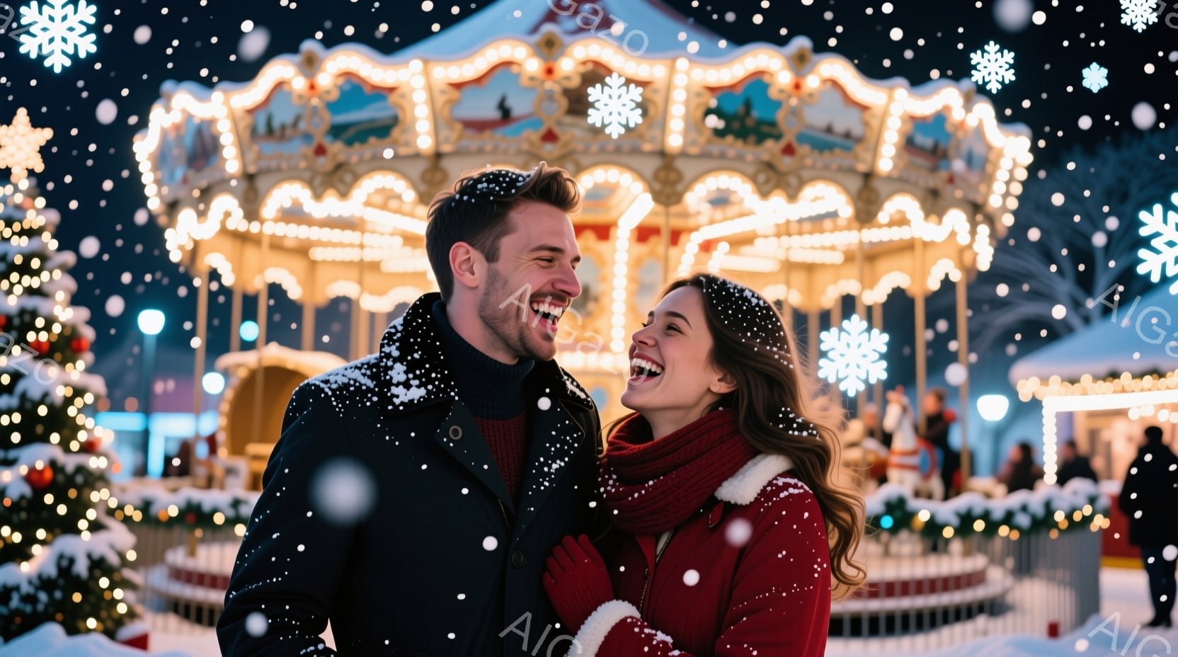 吹雪の中で、笑顔で寄り添う男女が写っています。男性は黒いコートで、女性は赤いコートとスカーフを身につけ、楽しそうな表情をしています。背景には、ライトアップされた観覧車やクリスマスの装飾が施された建物があり、冬の華やかな祭りの雰囲気が漂っています。