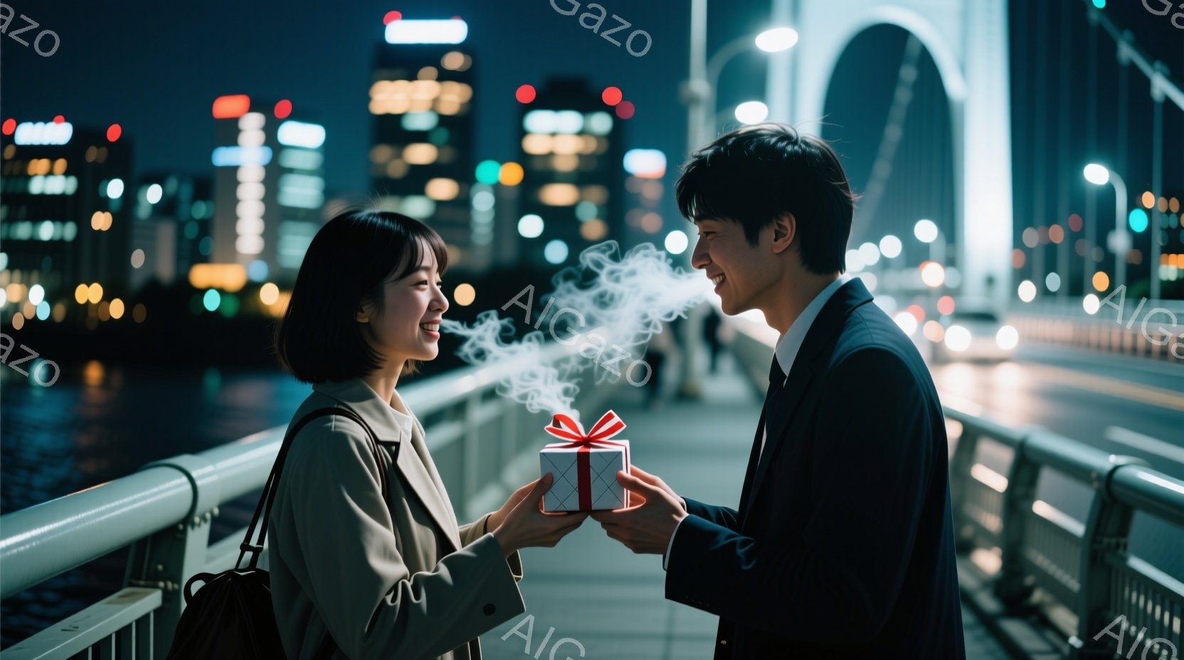 長い黒髪の女性はベージュ色のジャケットを着て、プレゼントを受け取るために微笑んでいます。男性は黒いスーツにネクタイを締め、赤いリボンが付いた小さな箱を女性に差し出しており、箱からは白い煙が立ち上ってい - AI生成フリー素材