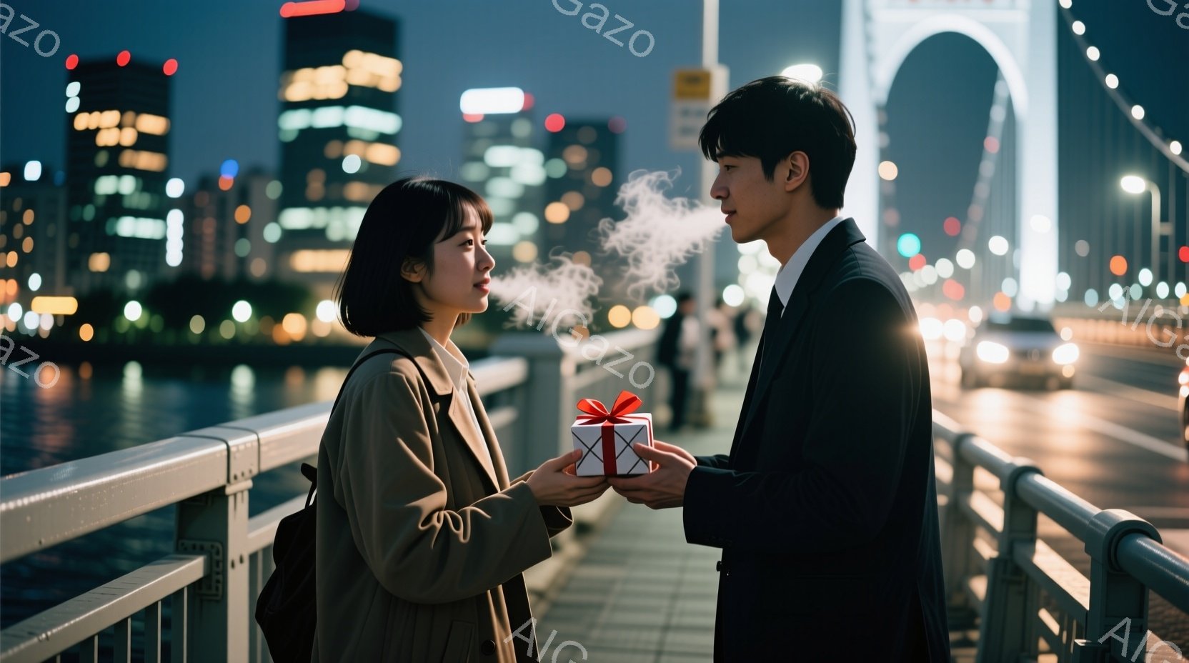 長いボブヘアの女性はベージュ色のコートを着て、男性と対面している。男性は黒いスーツ姿で、赤いリボンで結ばれた小さなギフトボックスを女性に差し出しており、そこから白い煙が立ち上っている。背景には、夜景の都市と橋が見え、全体的にロマンチックで少し幻想的な雰囲気が漂っている。