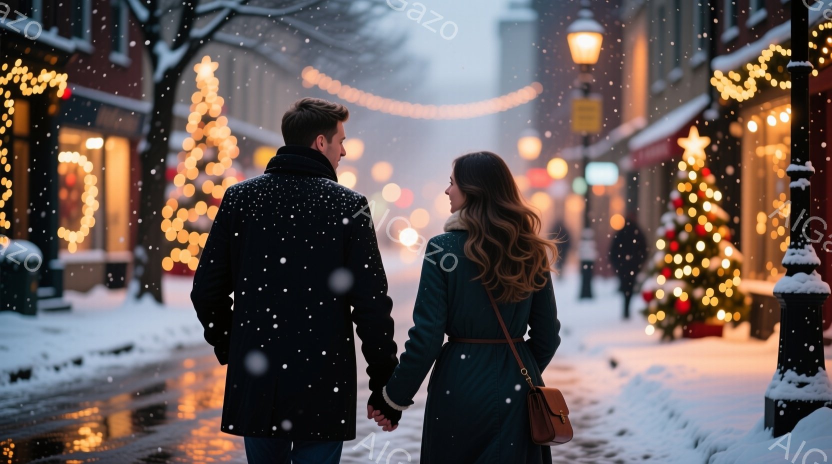 街は雪景色で、二人の人物が手をつないで歩いている。男性は黒いコートにジーンズ姿で、女性は濃い緑の長いコートと茶色の髪で、肩にバッグをかけている。背景にはクリスマスツリーやイルミネーションが飾られた建物 - AI生成フリー素材