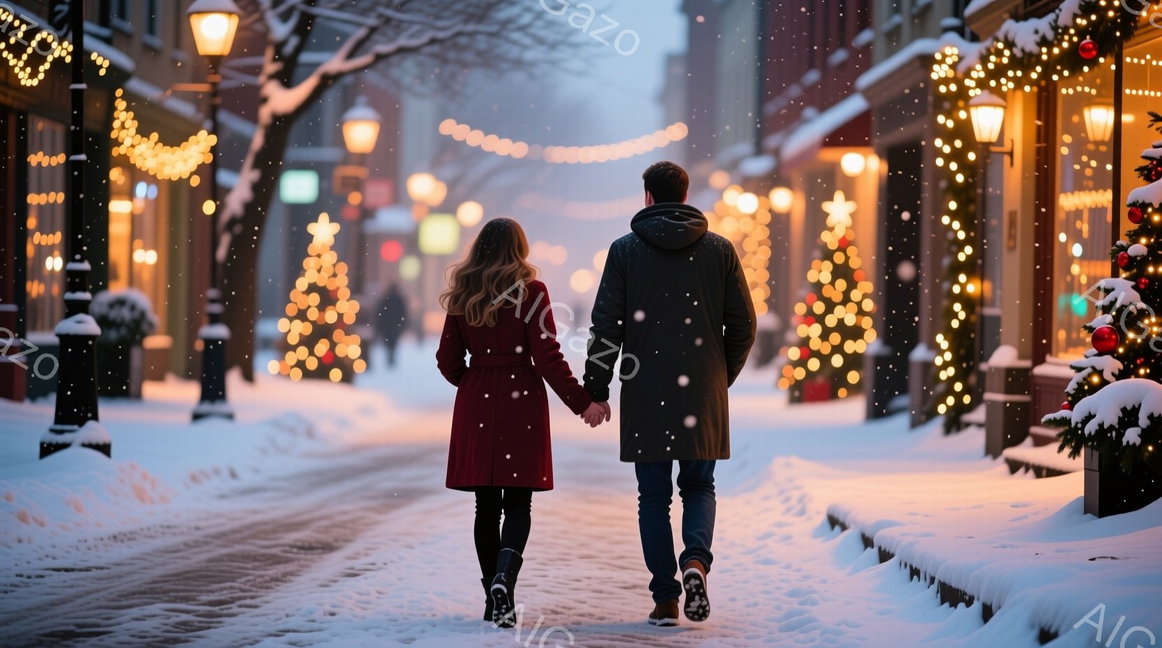 雪が降る街並みを、赤いコートの女性と黒いジャケットの男性が手をつないで歩いている。背景にはクリスマスツリーやイルミネーションで飾られた建物が並び、冬の温かくロマンチックな雰囲気を醸し出している。二人は - AI生成フリー素材