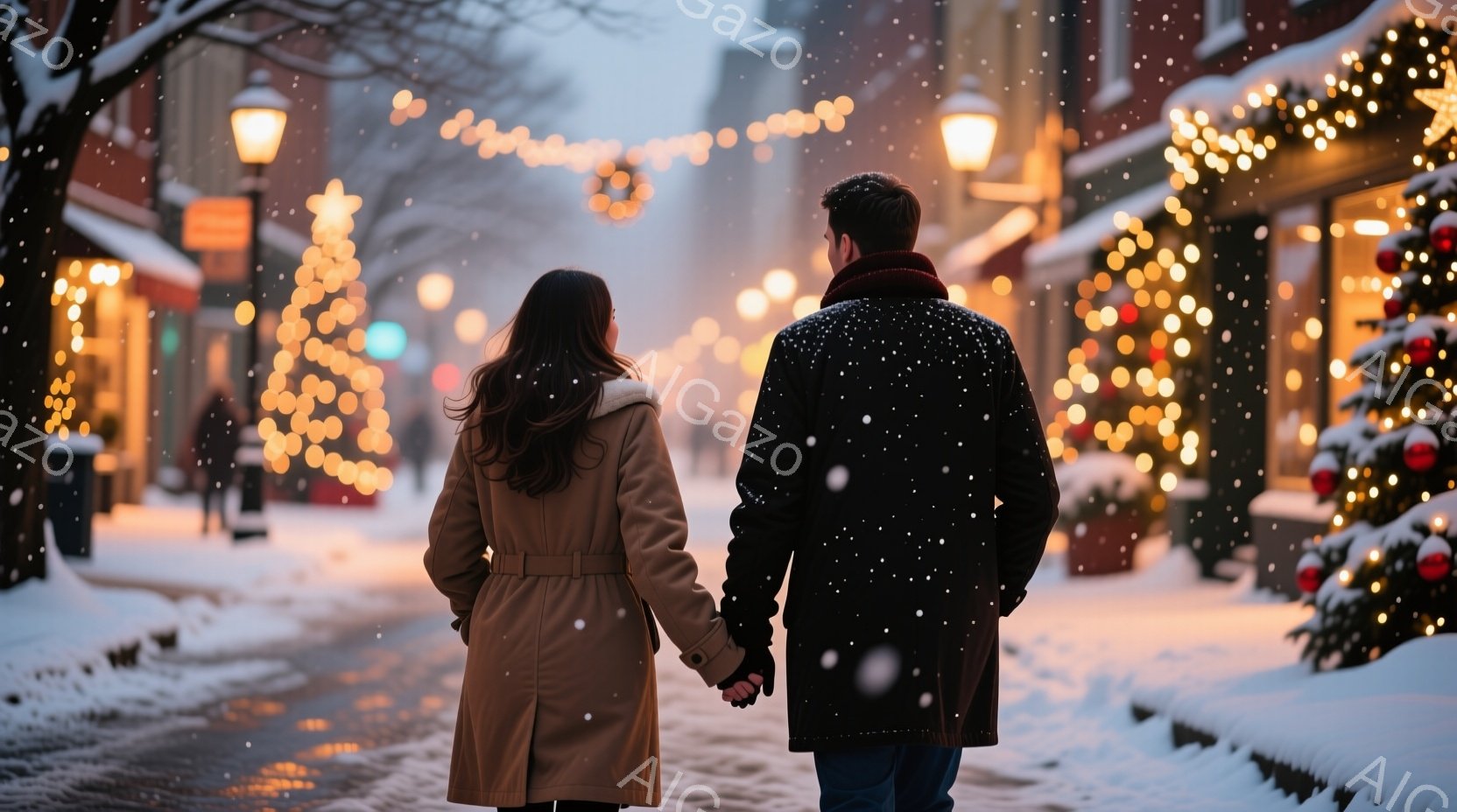 雪が舞う街並みを、コートを着た男女が手をつないで歩いている。女性は長い茶色の髪で、ベージュのコートを着用し、男性は黒いコートを着ている。背景にはクリスマスツリーやイルミネーションが飾られた店が並び、冬 - AI生成フリー素材
