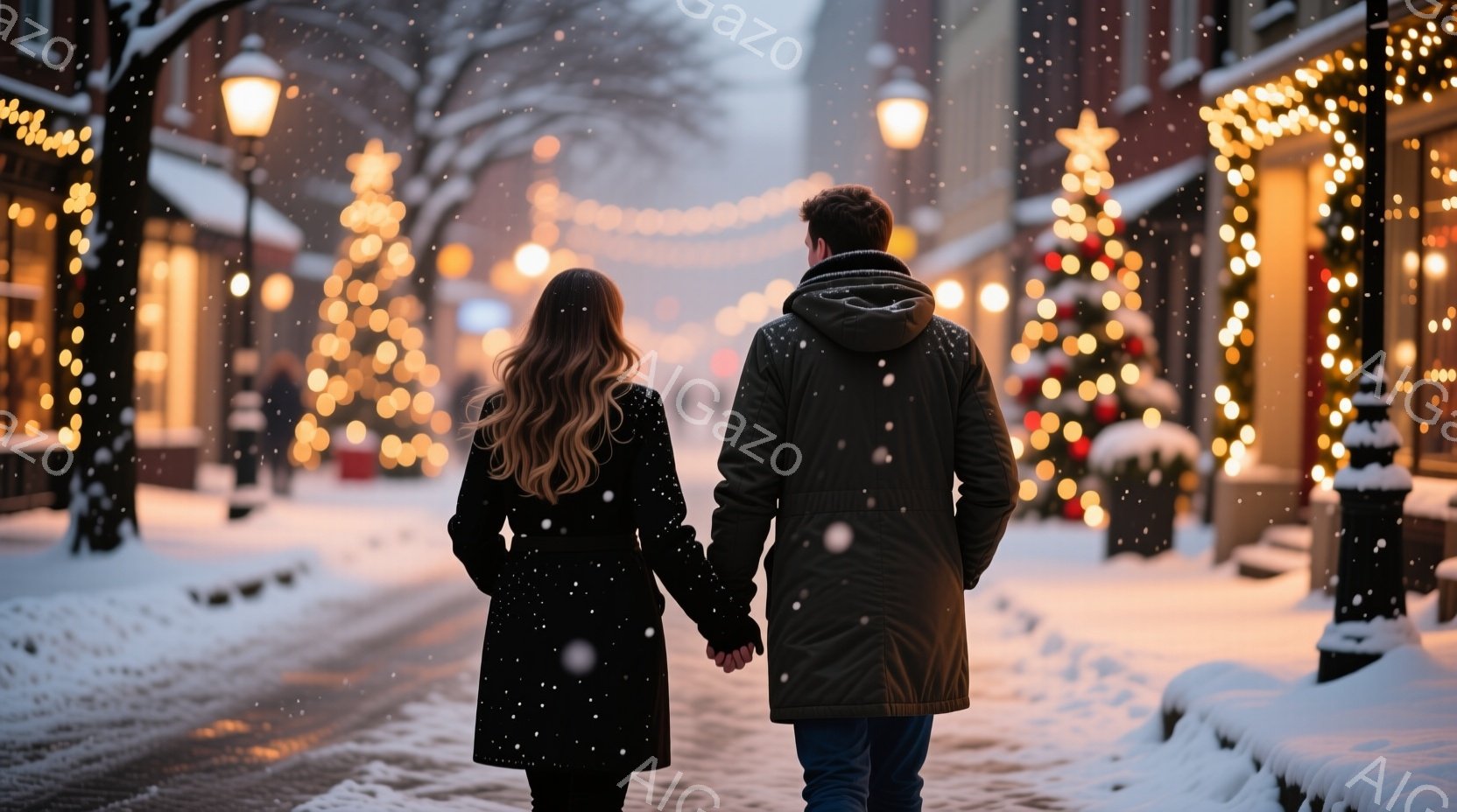 長い巻き毛の女性が黒いコートを着ており、男性は濃い色のジャケットとジーンズ姿で、二人手をつないで雪道を歩いている。背景には、イルミネーションで飾られた建物が並び、雪が舞い散る冬の夜の風景が広がっている - AI生成フリー素材