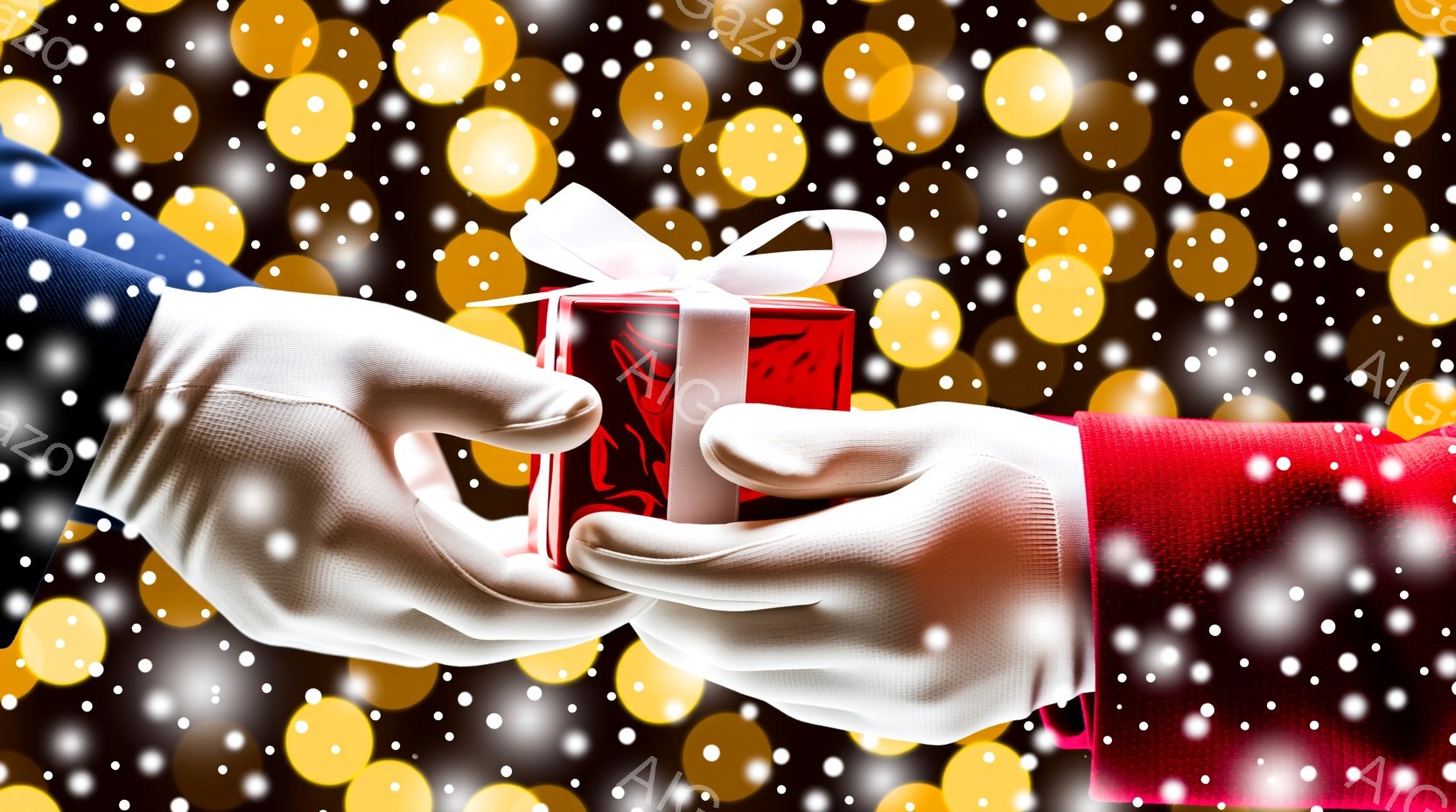 白い手袋をはめた手が、赤いギフトボックスを差し出している様子が写っている。ギフトボックスは赤いリボンで飾られており、背景にはぼやけた黄色の光が散りばめられている。この構図は贈り物や特別な機会を示唆しており、フォーマルで華やかな雰囲気を醸し出している。