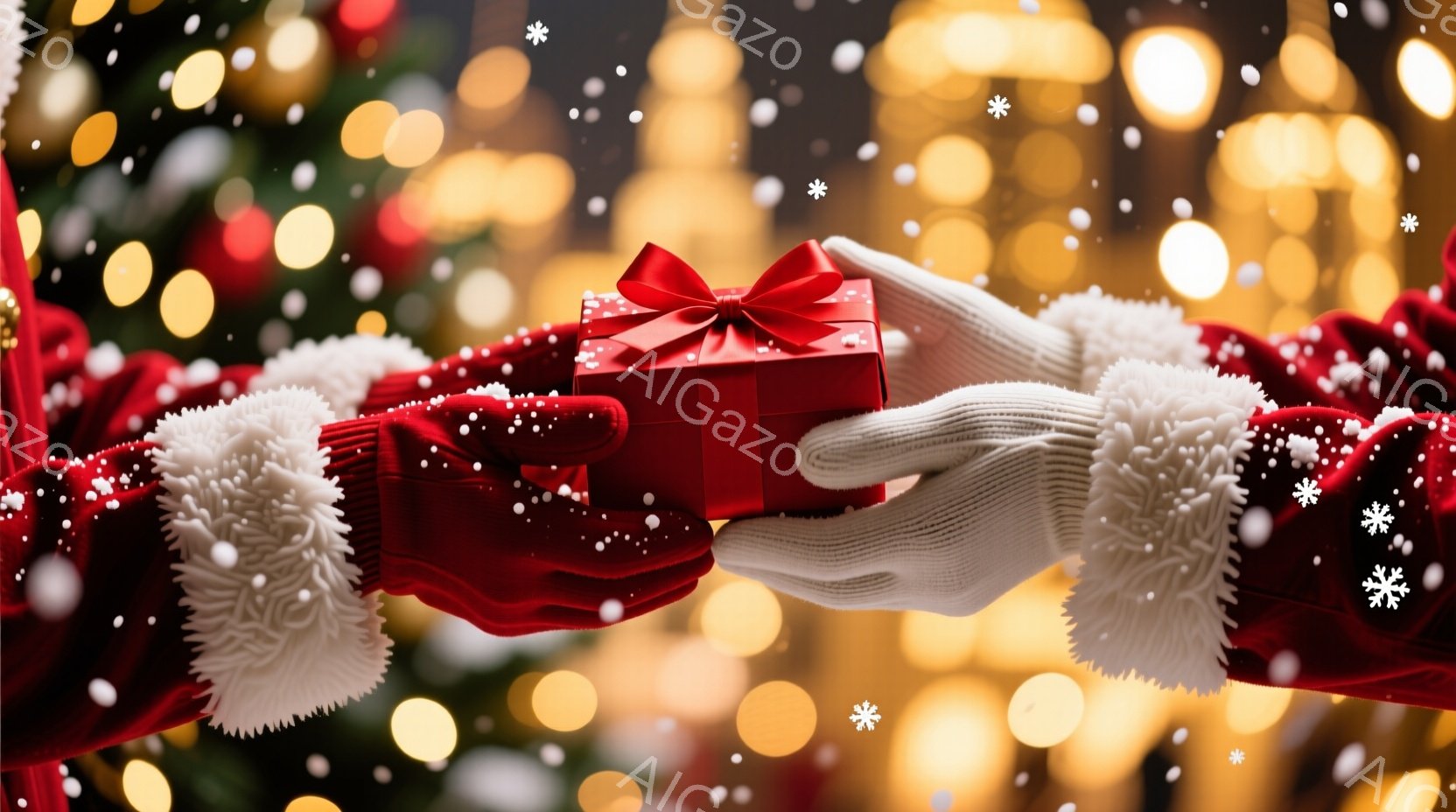 赤い手袋と白い手袋が、赤いリボンで飾られた小さな赤いギフトボックスを交換しようとしています。背景はぼやけた黄金色の光で満たされ、雪が舞っているように見えます。暖かく、お祝いの雰囲気が漂う、クリスマスの贈り物交換の瞬間を捉えた画像です。