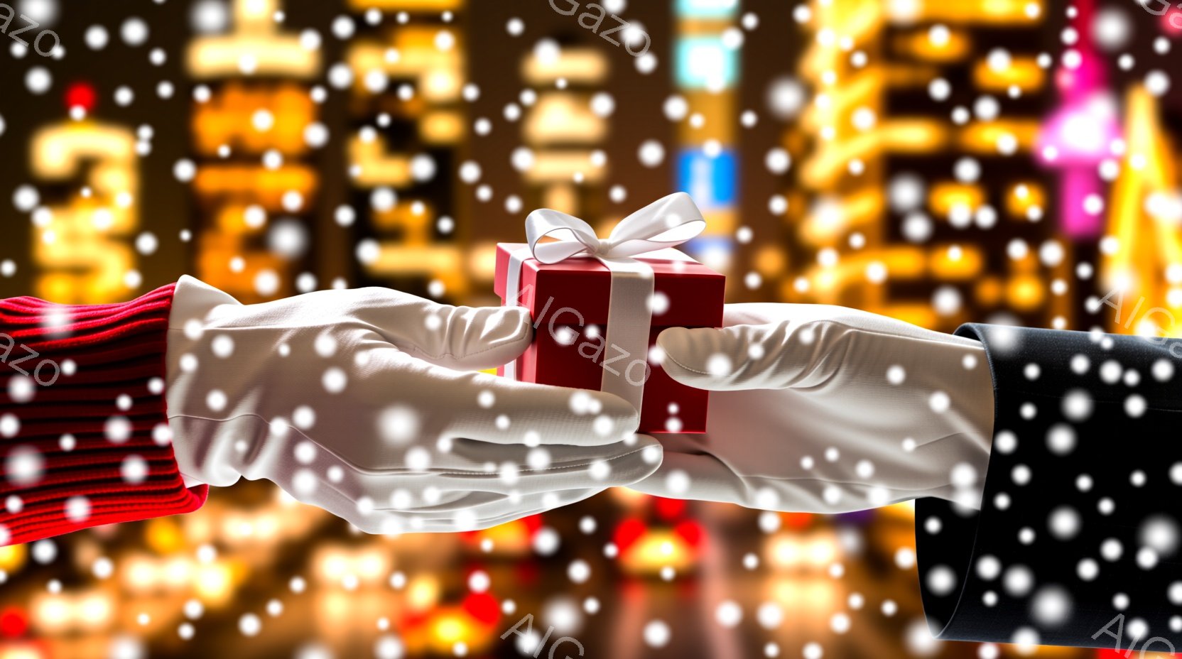 白い手袋をはめた手が、赤いギフトボックスを互いに差し伸べている様子が捉えられています。背景はぼやけた光の粒子で、まるで雪が舞っているような幻想的な雰囲気です。赤いギフトボックスには白いリボンが結ばれて - AI生成フリー素材