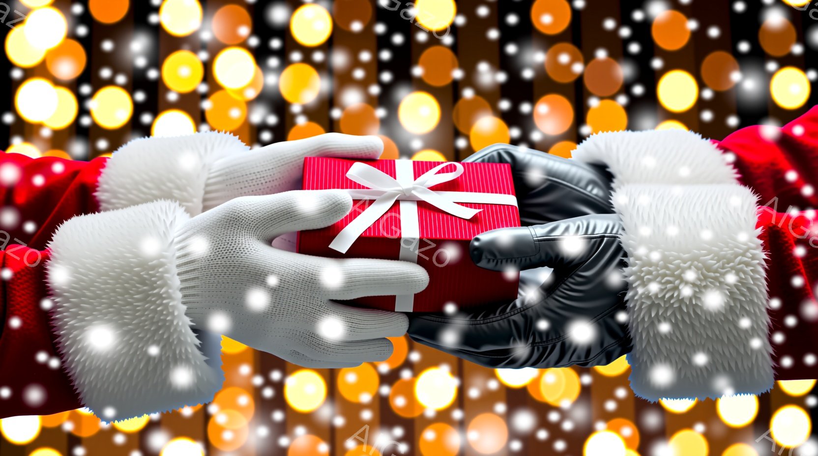 赤いベルベットの服を着た人物の手が、赤いギフトボックスを両手で差し出している様子が写っている。ギフトボックスには白いリボンが巻かれており、手袋は白く、手首にはふわふわの白い毛皮が付いている。背景には、ぼやけた金色の光が散りばめられており、ホリデーシーズンやプレゼント贈呈の温かい雰囲気が漂っている。