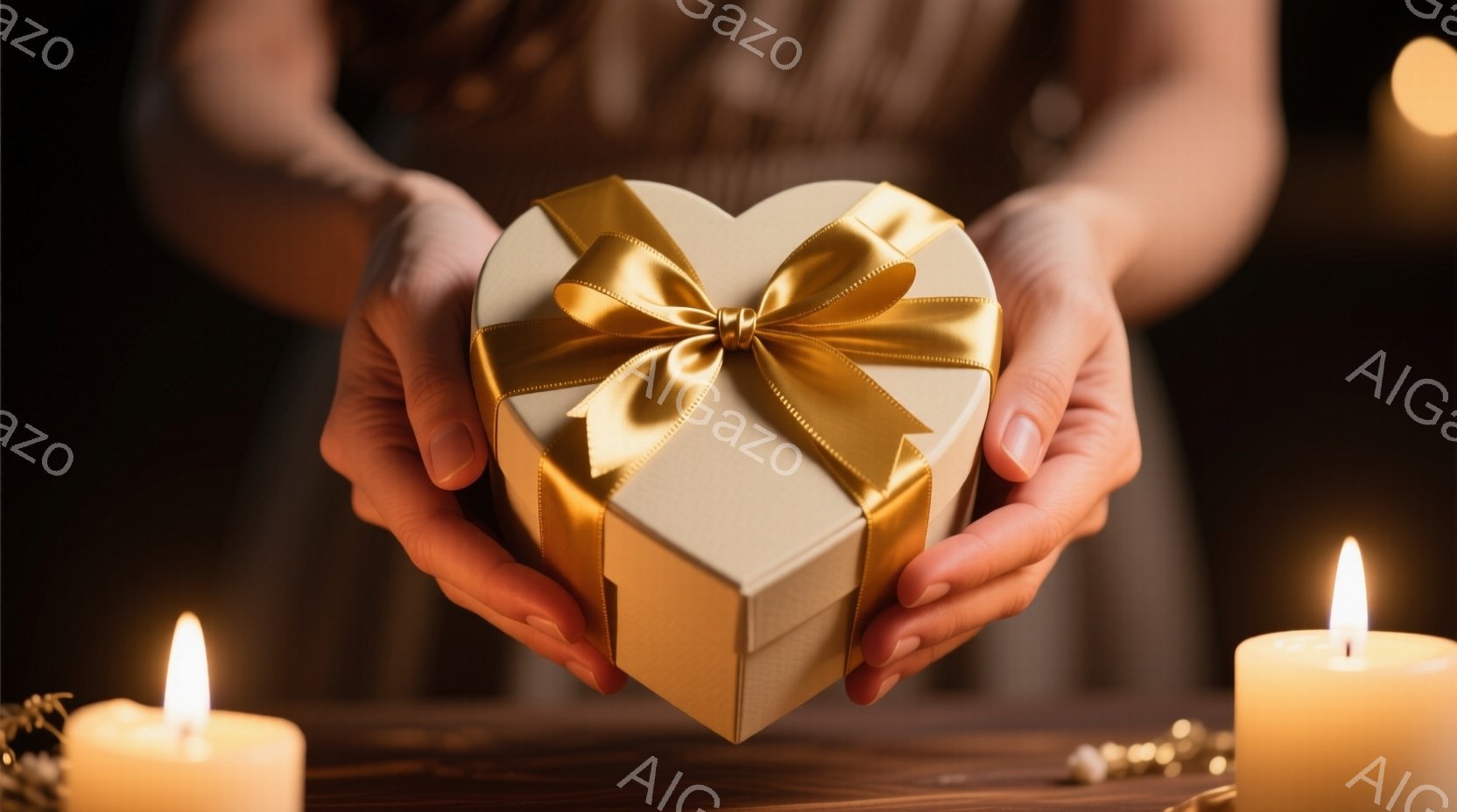 暖炉の優しい光の中で、女性が両手でクリーム色のハート型のギフトボックスを掲げています。彼女の服装は暗く、手首にブレスレットをつけています。背景には、ぼやけたキャンドルの光が暖かく、ロマンチックな雰囲気を醸し出しています。