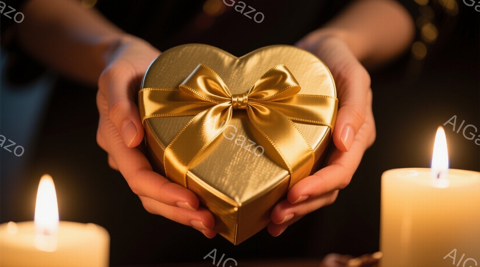 ベルベットのような黒い布地をまとった人物が、両手で金色のハート型のギフトボックスを抱えています。ギフトボックスは光沢があり、金色のリボンで美しく飾られています。背景には、ぼんやりと光るキャンドルが2本あり、ロマンチックで温かい雰囲気を醸し出しています。