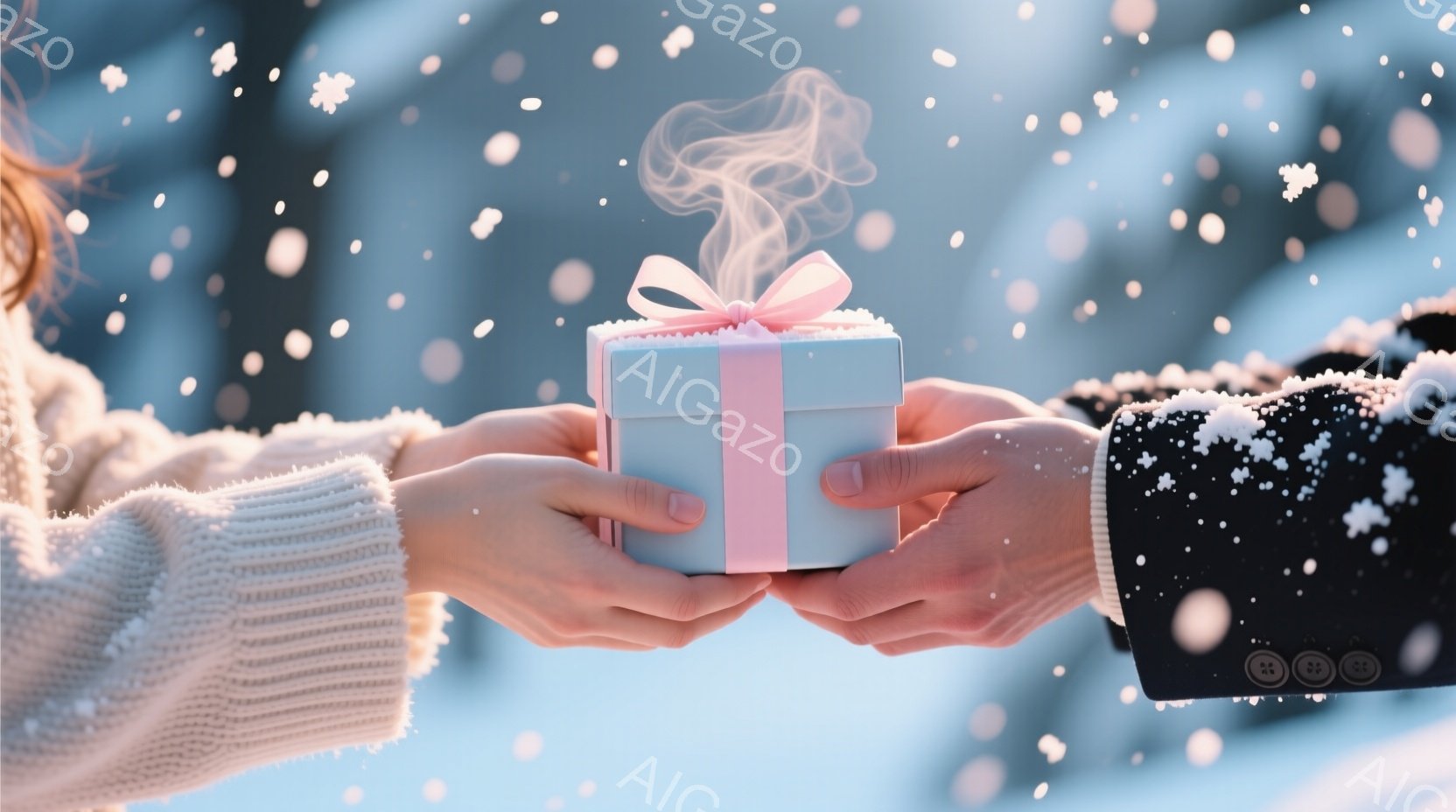 暖炉から立ち上る湯気のようなものが漂う、ピンク色のリボンで飾られた小さなギフトボックスが、ニットの袖と黒いコートの袖の間に抱えられています。背景は雪が降り積もる冬の風景で、ぼやけた青い空が広がっています。温かく、優しさを感じさせる、贈り物交換の心温まる瞬間を捉えた写真です。